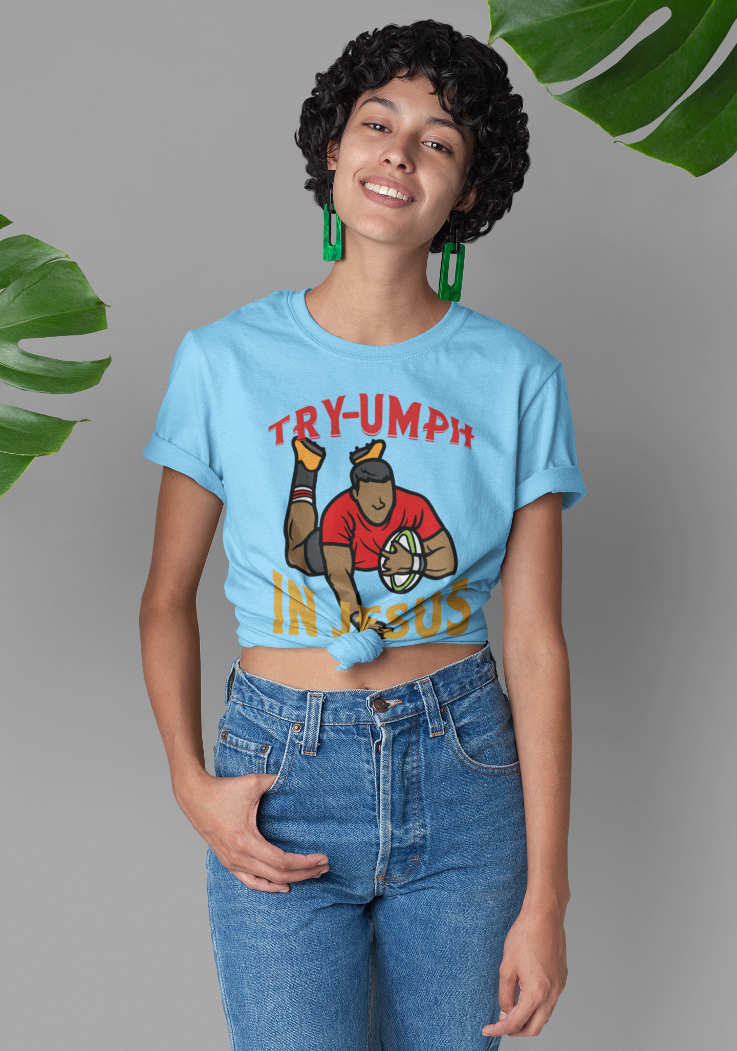 “Try-umph in Jesus” Rugby Faith Tee – Bold Christian Victory Shirt
