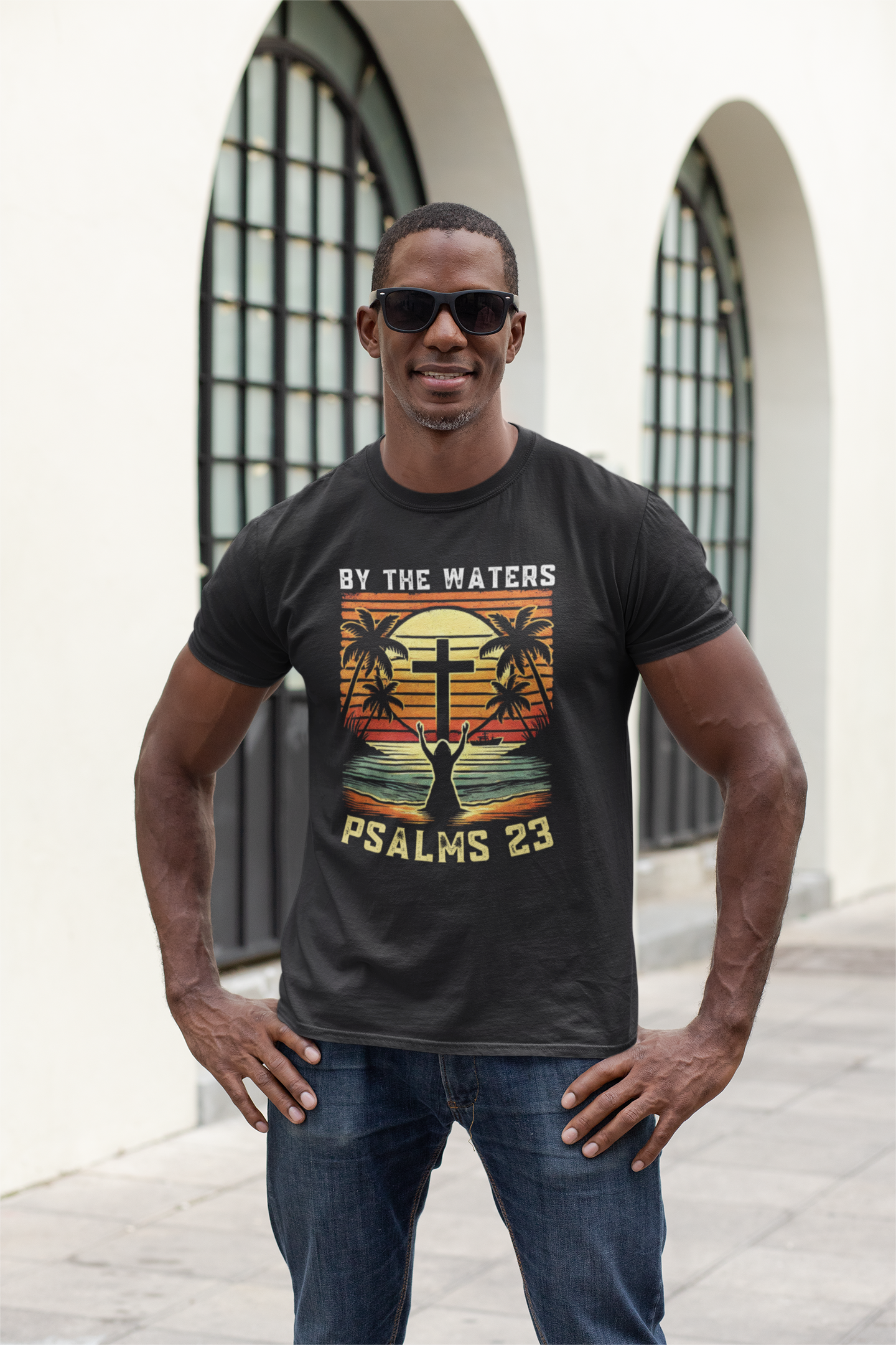 “By the Waters” Retro Sunset Tee – Psalm 23 Scripture Design | Bellynza Christian Rest-Inspired Shirt