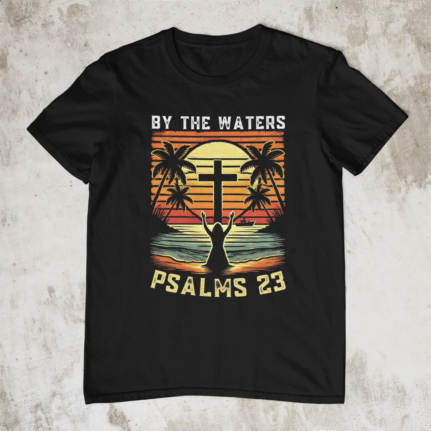 “By the Waters” Retro Sunset Tee – Psalm 23 Scripture Design | Bellynza Christian Rest-Inspired Shirt