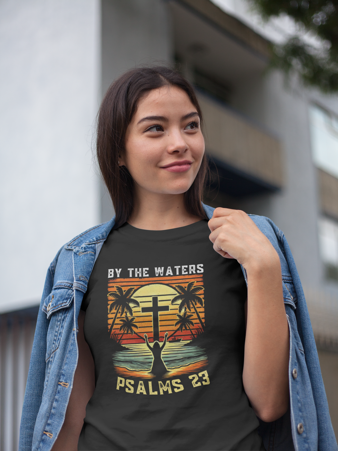 “By the Waters” Retro Sunset Tee – Psalm 23 Scripture Design | Bellynza Christian Rest-Inspired Shirt