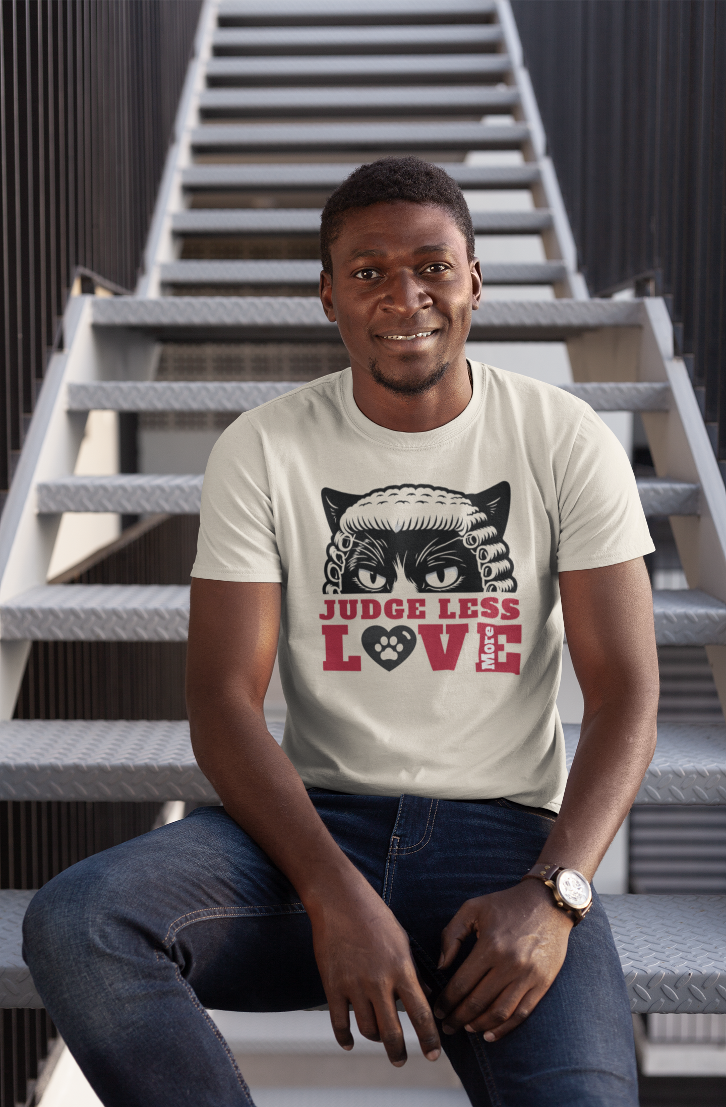 “Judge Less, Love More” Cat Judge Tee – Thoughtful Christian Message Shirt Streetwise Faith Apparel
