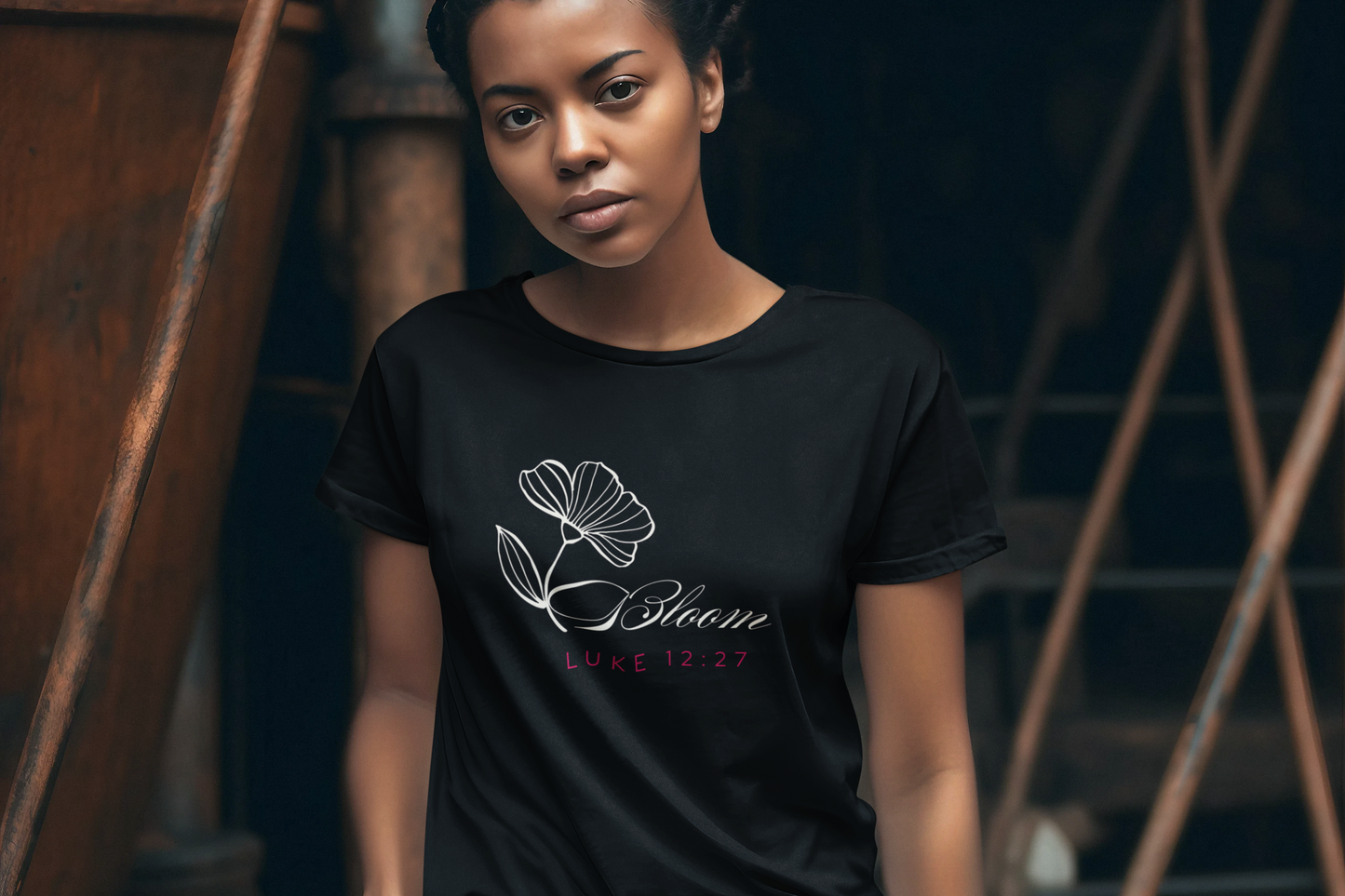 Bloom Minimalist Christian T-Shirt – Luke 12:27 Scripture Tee