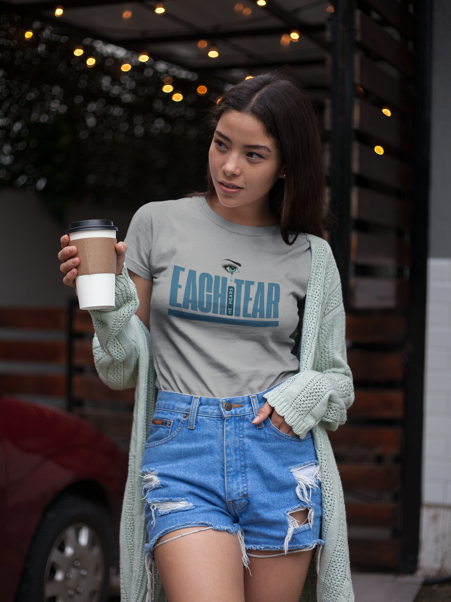 Faith-Inspired “He Hears Each Tear” Tee – Eye with Tear Symbol Design