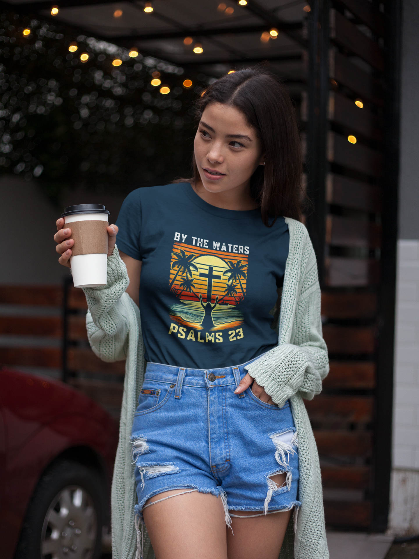 “By the Waters” Retro Sunset Tee – Psalm 23 Scripture Design | Bellynza Christian Rest-Inspired Shirt
