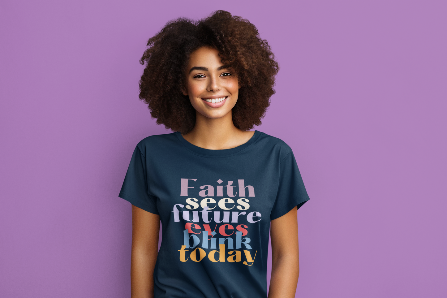 Faith Sees Future Eyes Blink Today T-Shirt β Colorful Interwoven Typography