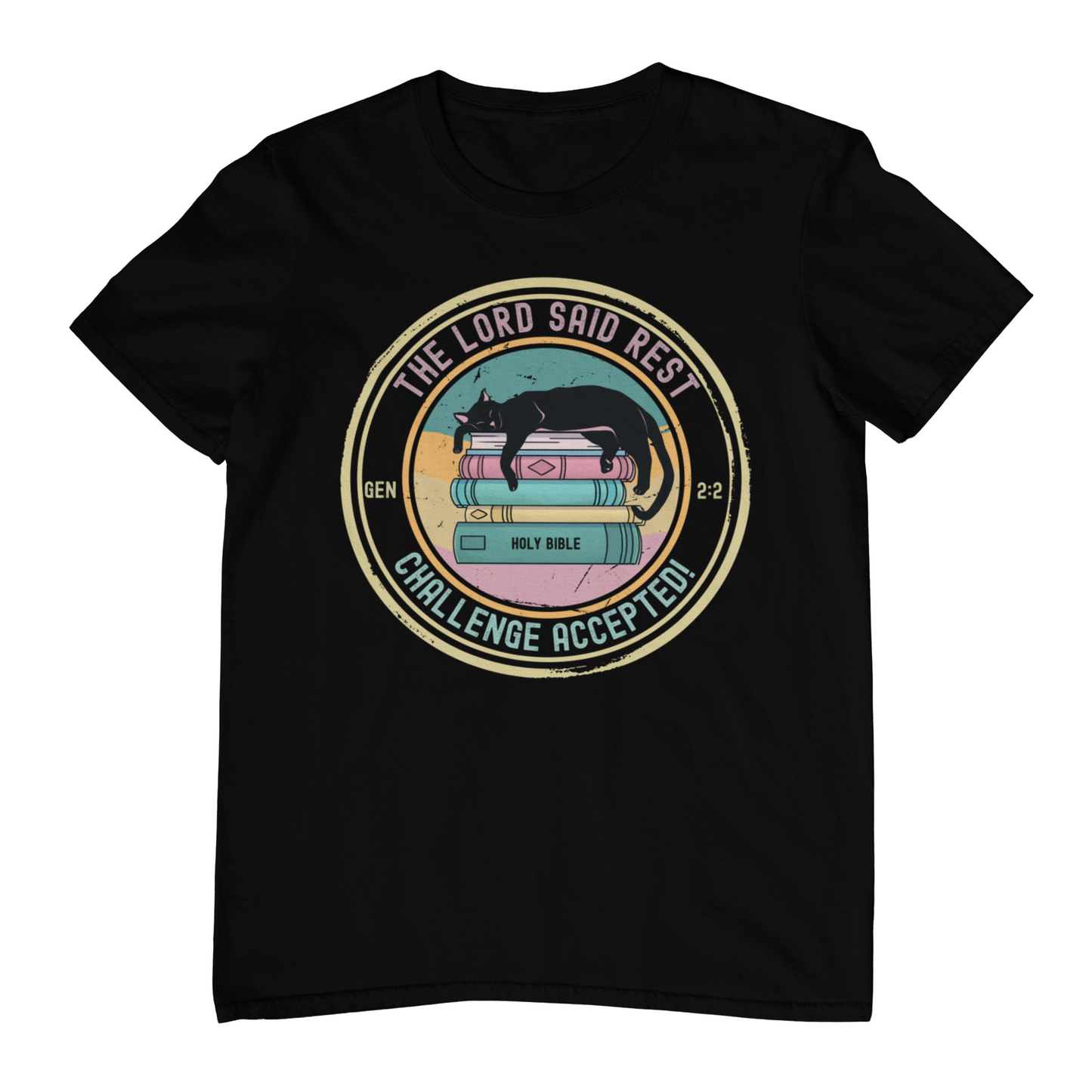 “Christian  T-shirt – sleeping cat on books with Genesis 2:2 Bible verse and ‘The Lord Said Rest – Challenge Accepted’ quote, faith-based unisex tee”