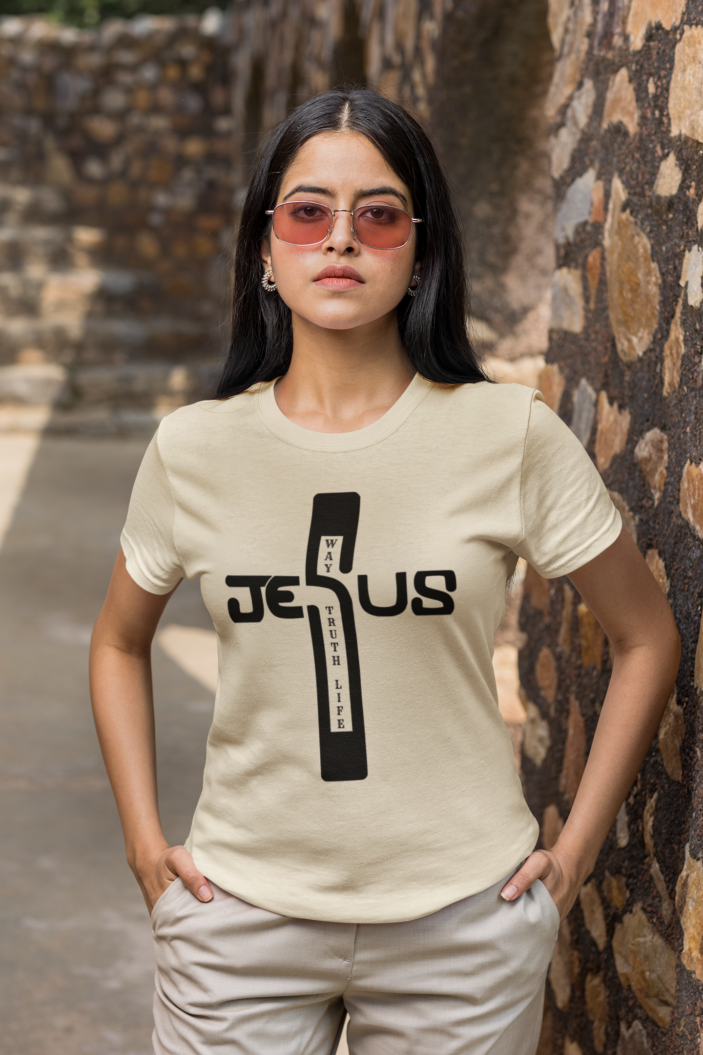 Faith-Inspired Calligraphy Cross Tee – Jesus Name + “The Way, The Truth, The Life” Design