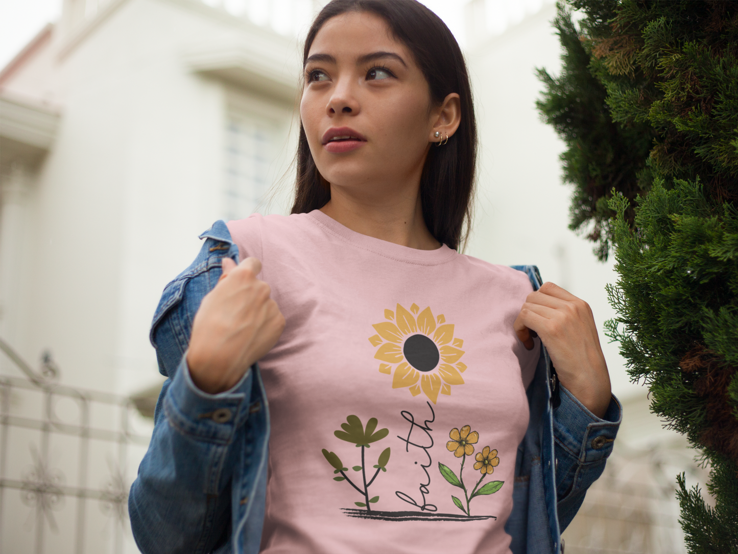Faith-Inspired Minimalist Sunflower Tee – “Faith” Stem Calligraphy Design with Blooming Flowers