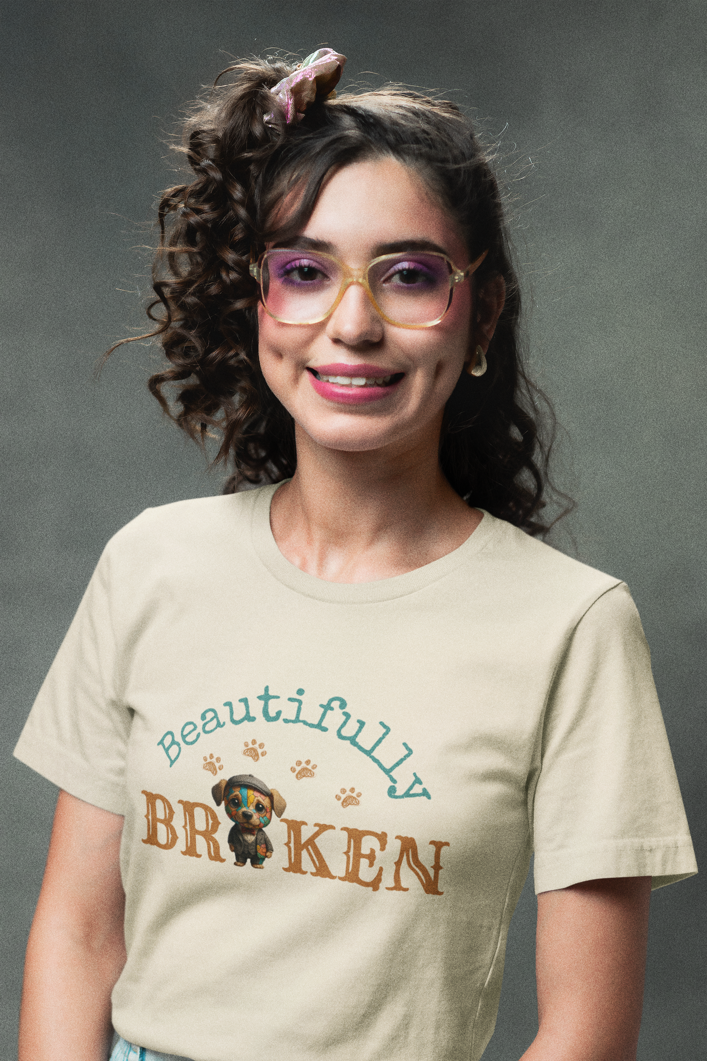 Faith-Inspired “Beautifully Broken” Dog Art Tee – Colorful Suit, Cracked but Whole | Bellynza