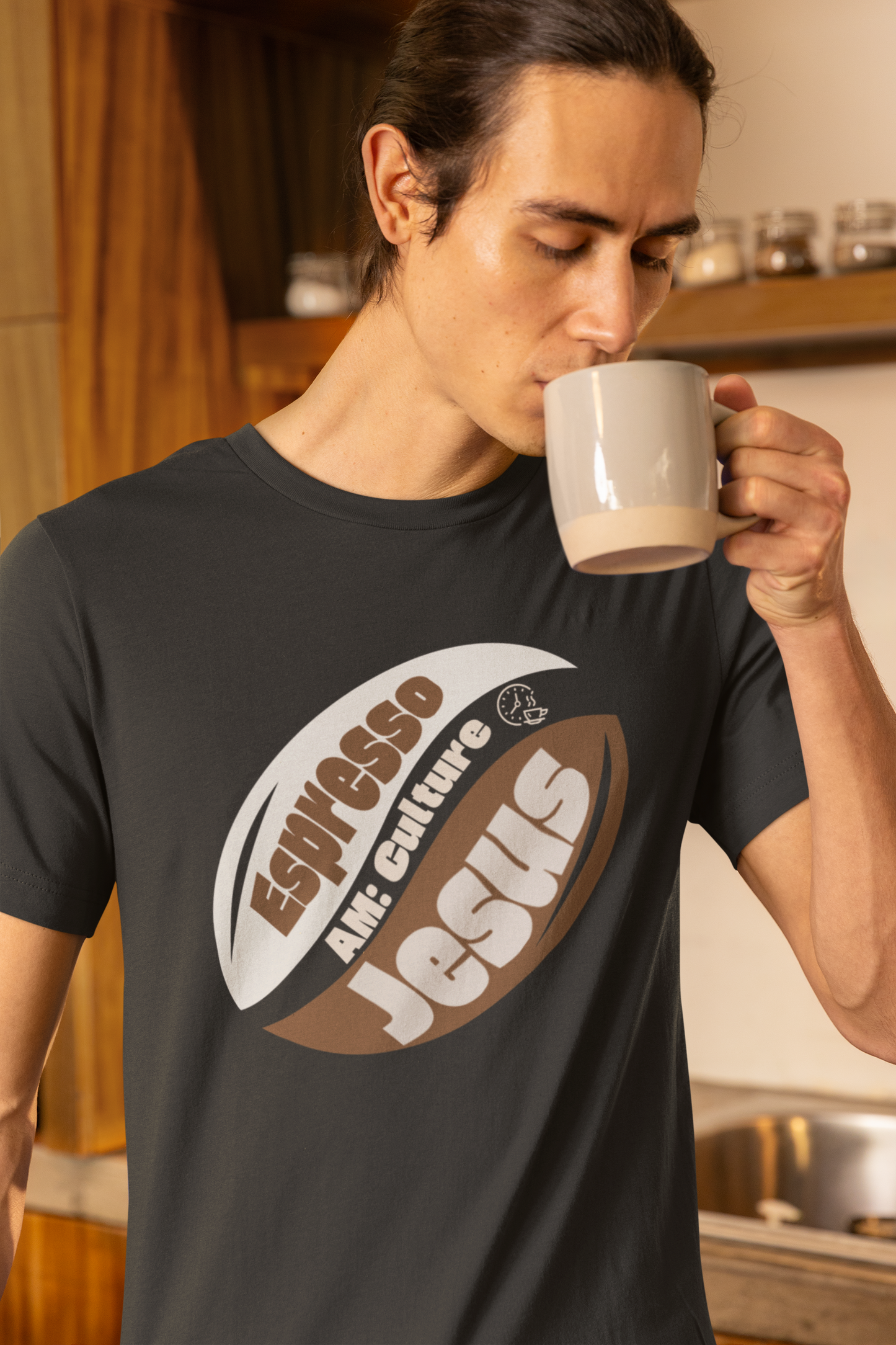 “Espresso Jesus” Coffee Bean Tee – Faith-Inspired A:M Culture Morning Shirt