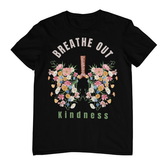 Christian-inspired faith kindness shirt – floral lungs design with “Breathe Out Kindness” message, symbolizing life, love, and grace
