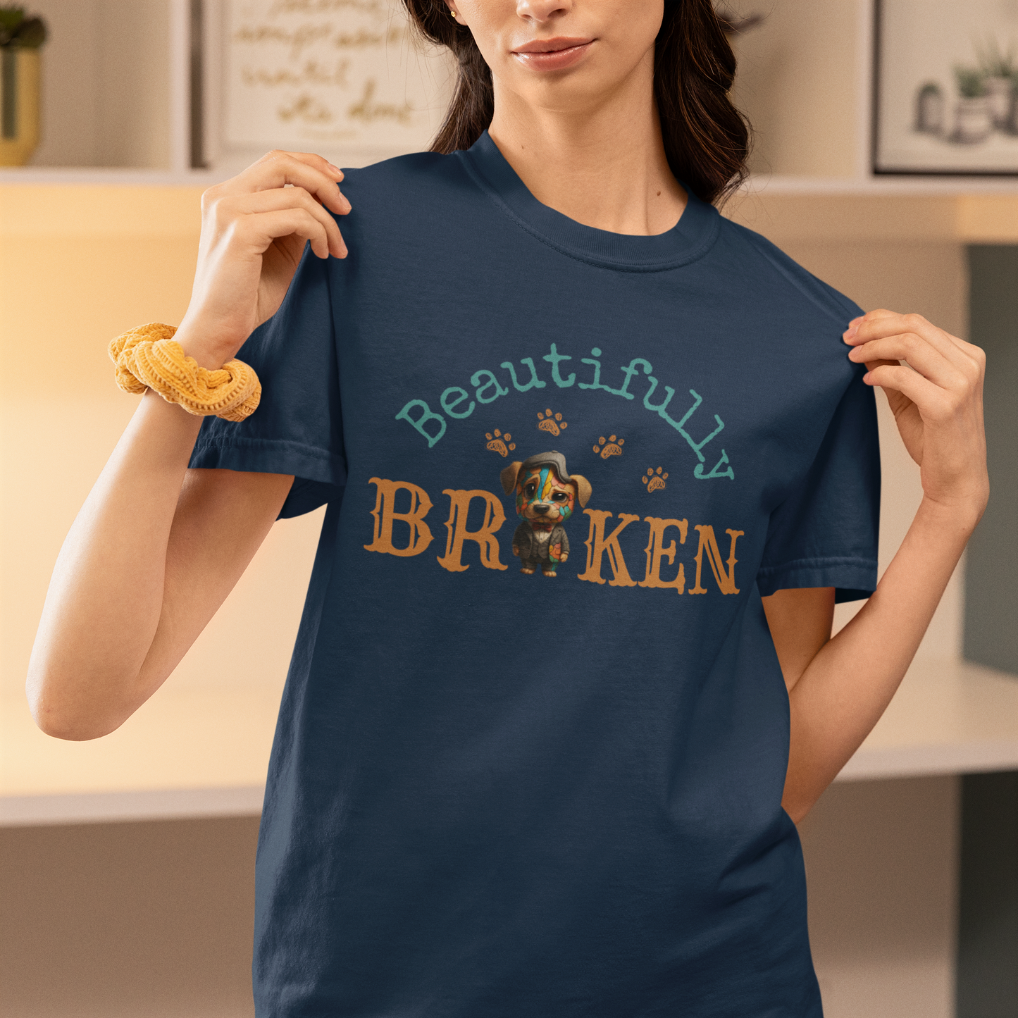 Faith-Inspired “Beautifully Broken” Dog Art Tee – Colorful Suit, Cracked but Whole | Bellynza