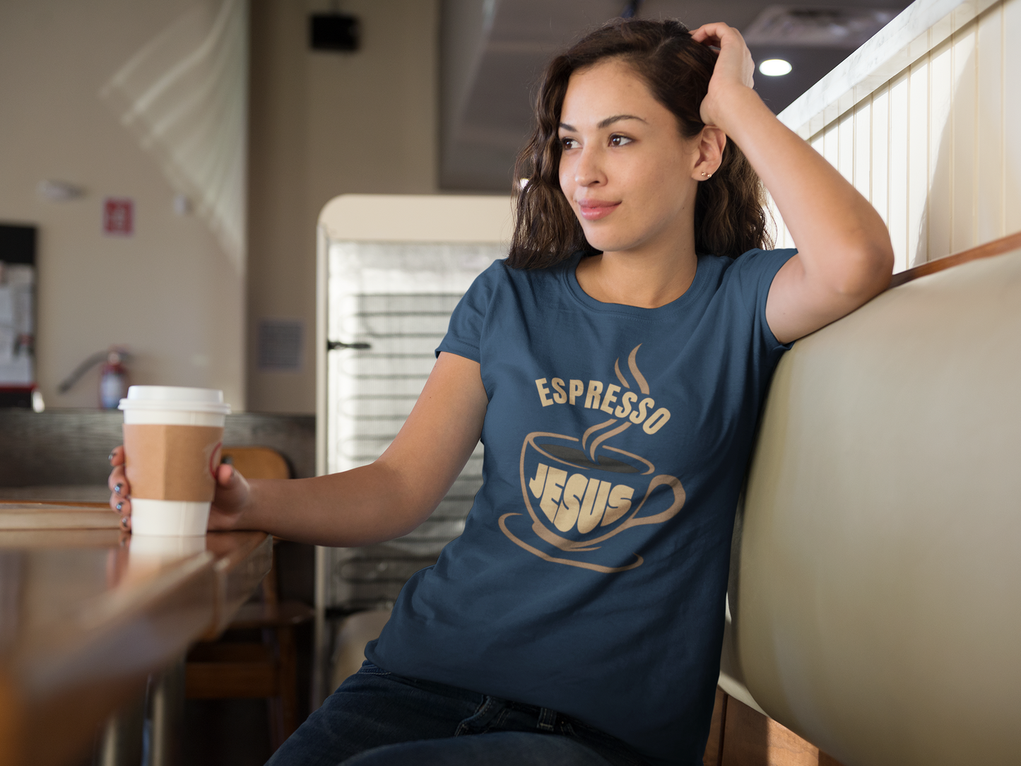 “Espresso Jesus” Coffee Cup Tee – Faith-Inspired Caffeine & Christ Shirt"