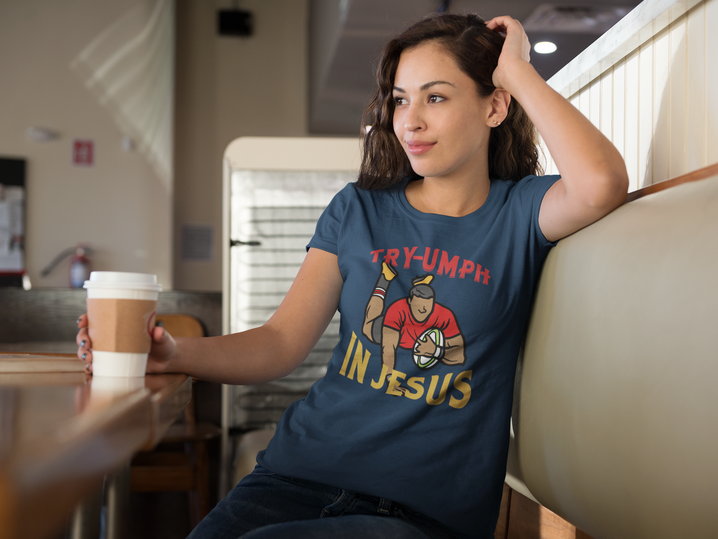 “Try-umph in Jesus” Rugby Faith Tee – Bold Christian Victory Shirt