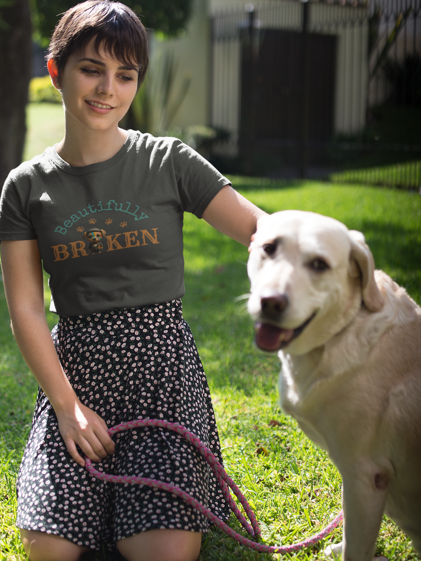 Faith-Inspired “Beautifully Broken” Dog Art Tee – Colorful Suit, Cracked but Whole | Bellynza