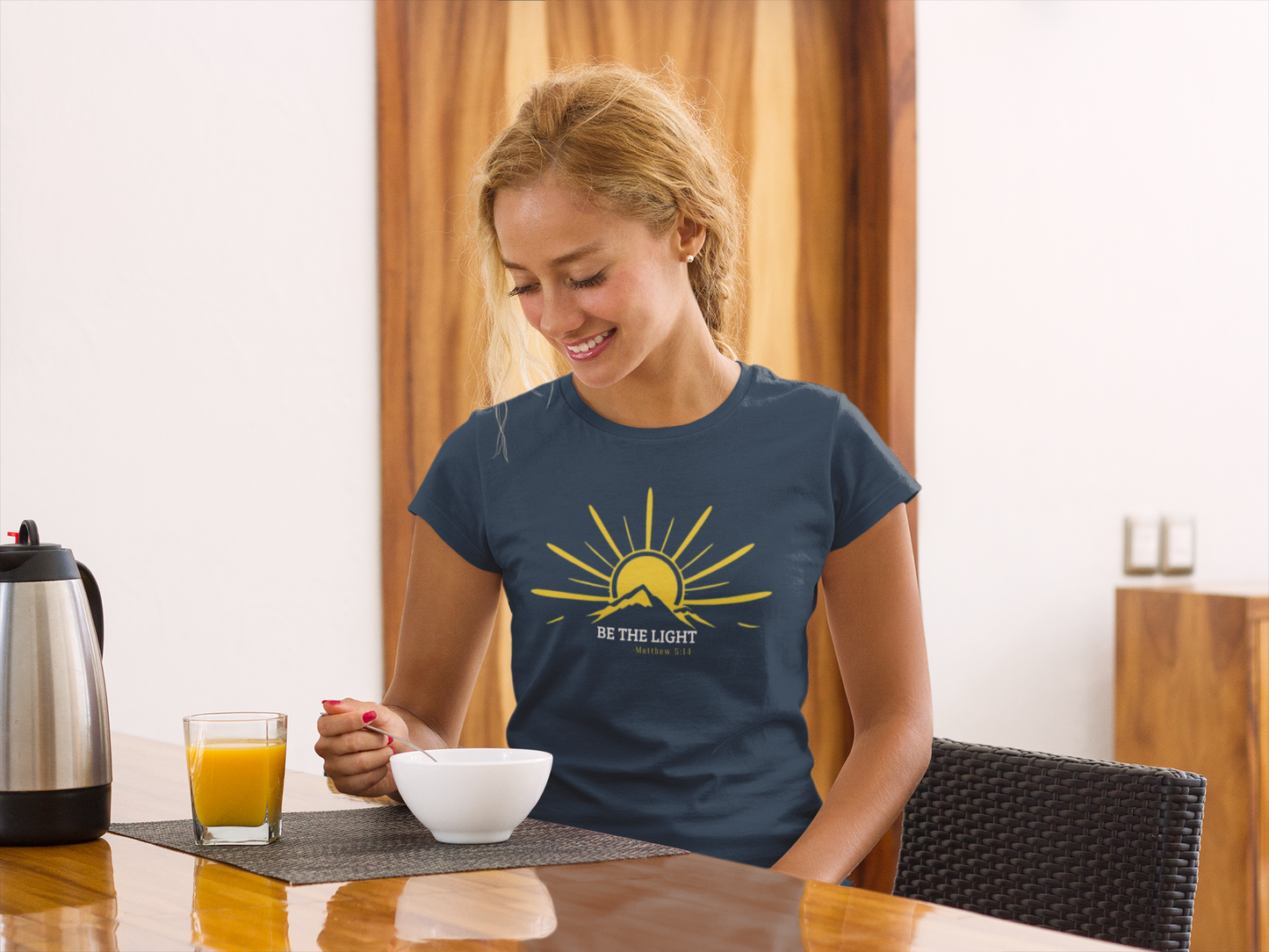 Faith-Inspired “Be the Light” Sunrise Mountain Tee – Matthew 5:14 Overlay