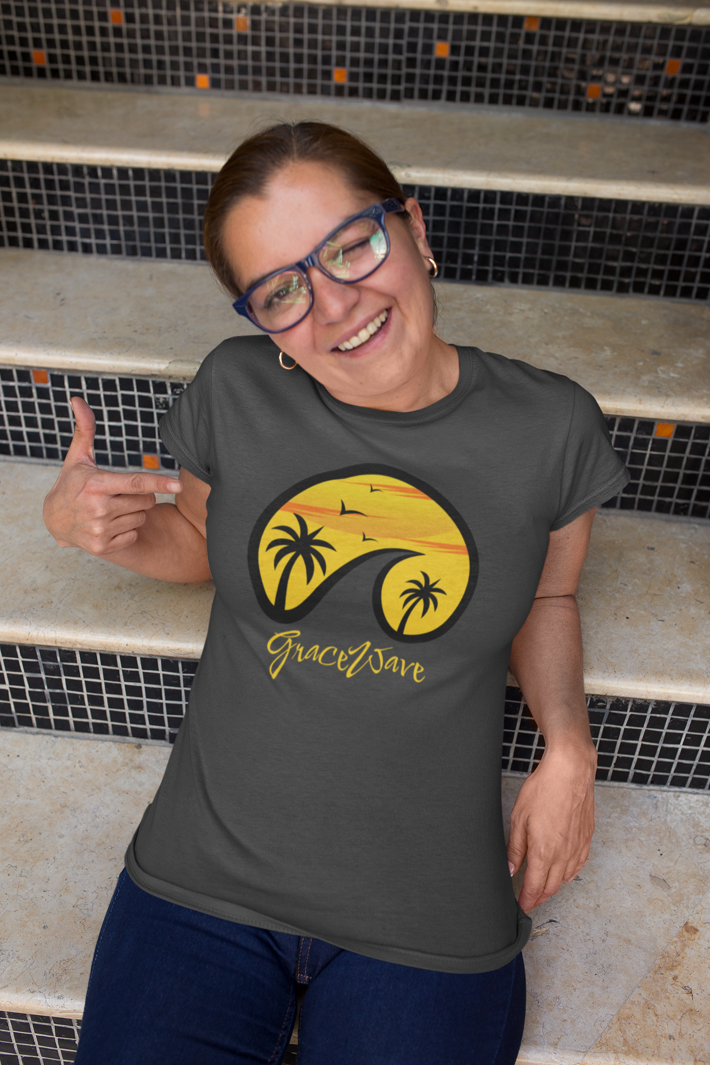 Faith-Inspired Retro Sunset Tee – Palm Trees & Waves Summer Design