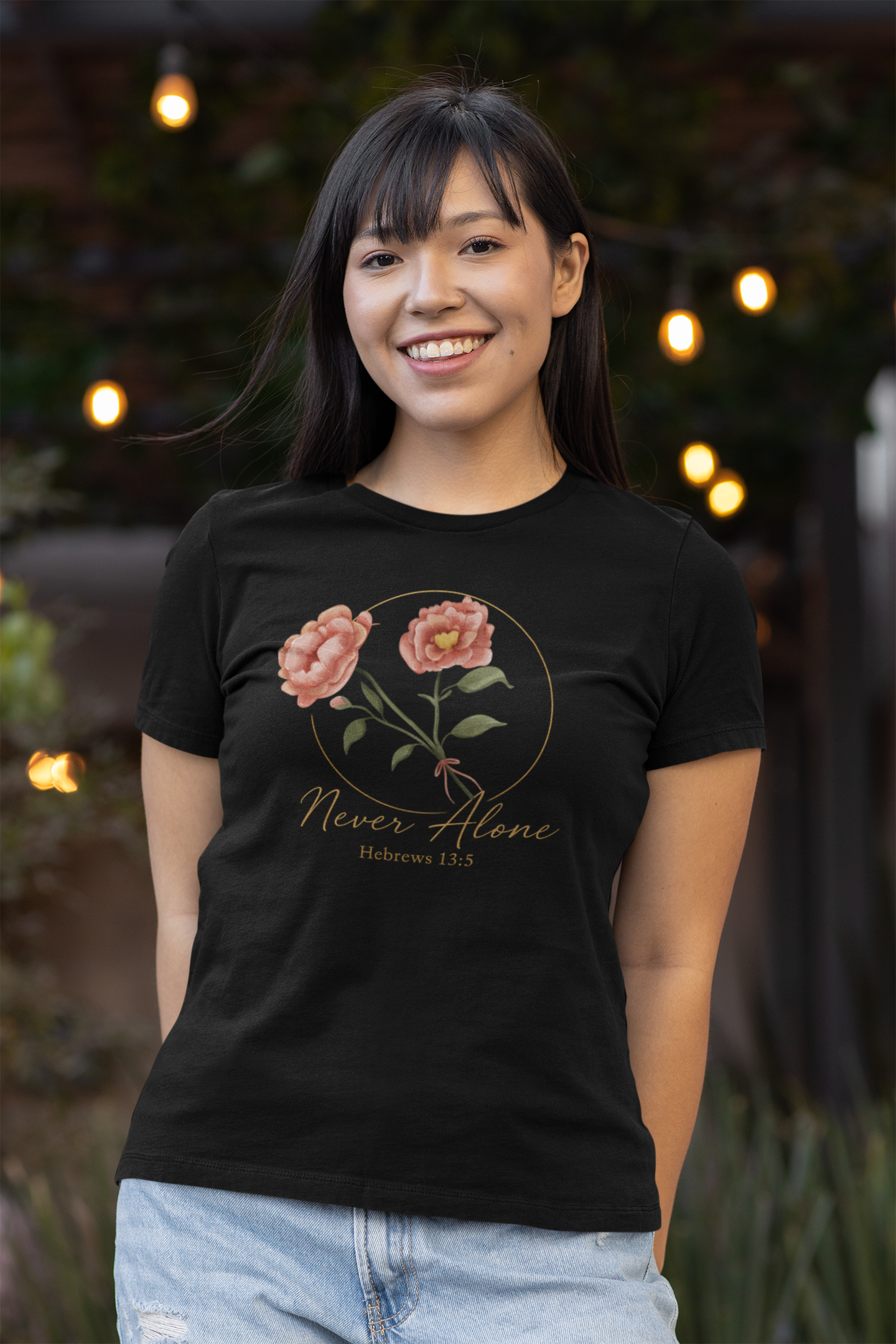 Never Alone T-Shirt – Royal Roses Hebrews 13:5 Christian Tee