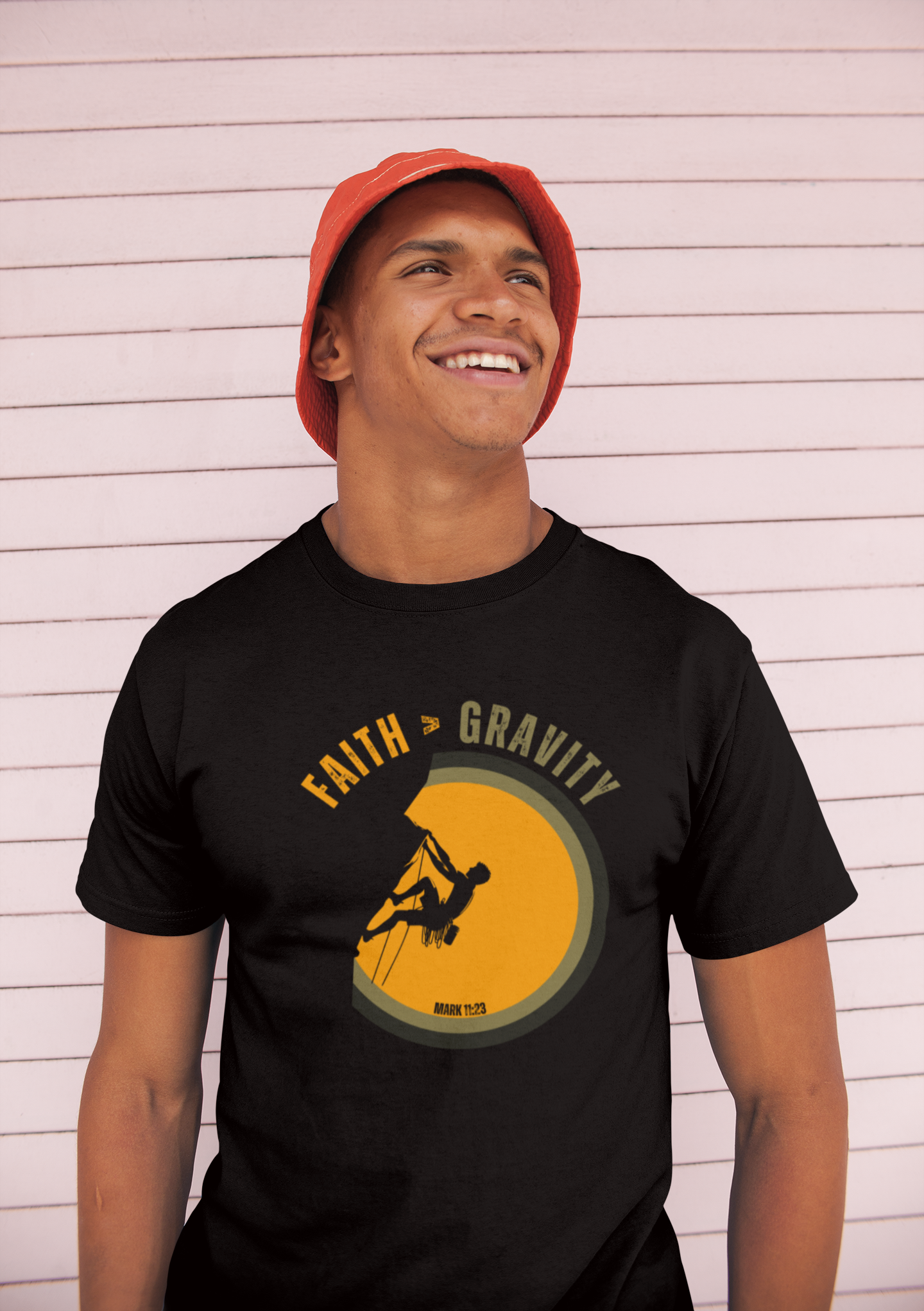Faith Greater Than Gravity T-Shirt – Motivational Christian Climber Design