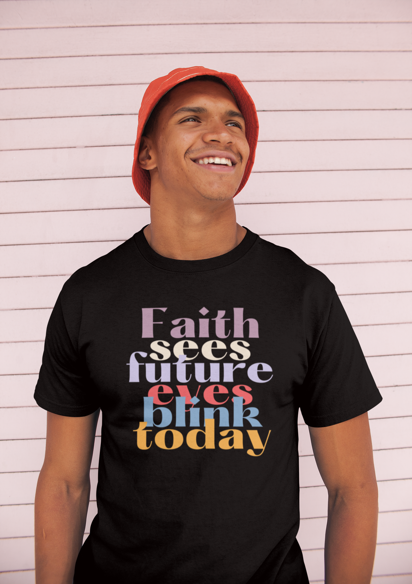 Faith Sees Future Eyes Blink Today T-Shirt – Colorful Interwoven Typography