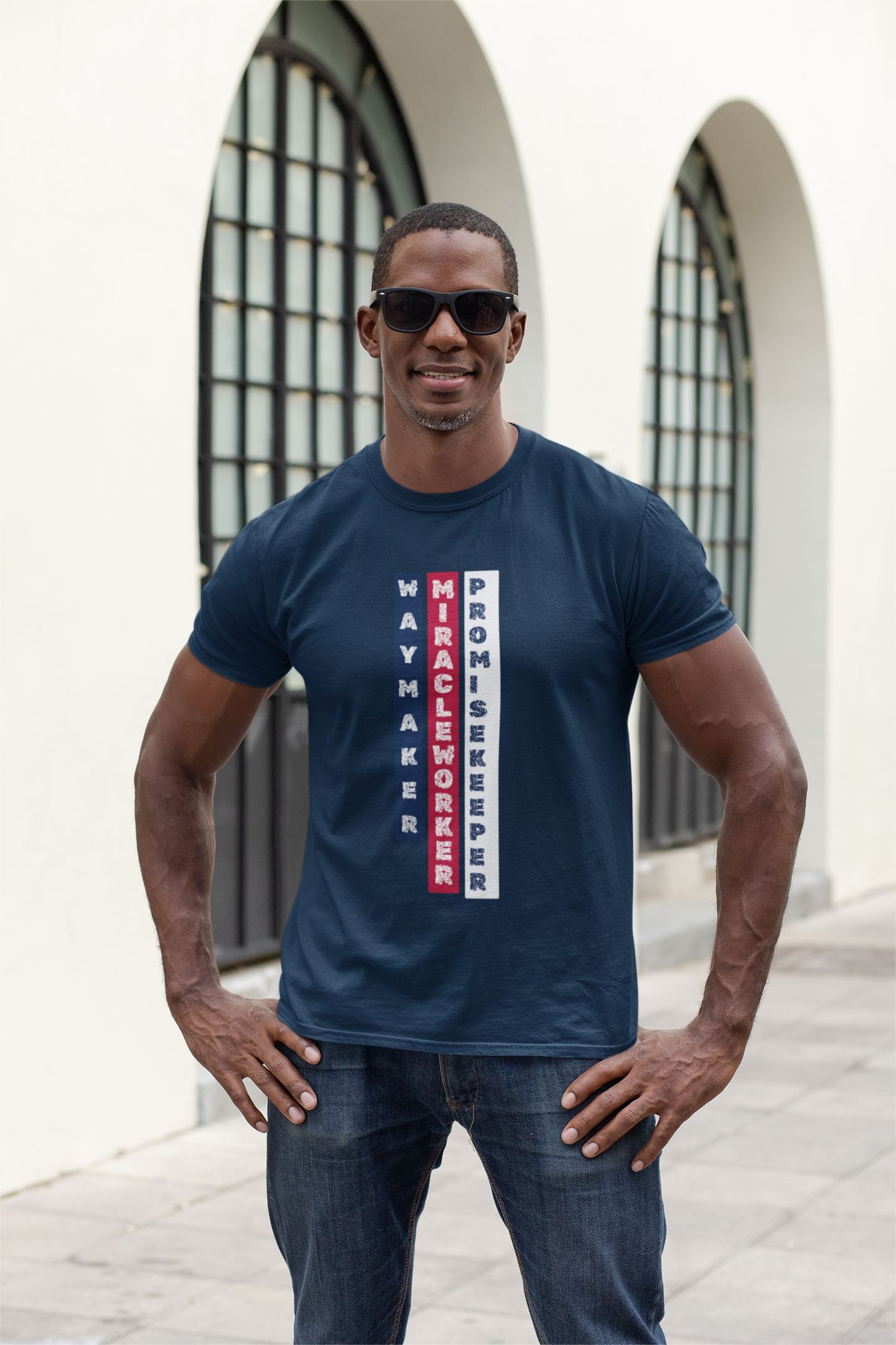 Faith-Inspired “Way Maker, Miracle Worker, Promise Keeper” Flag-Stripes Tee