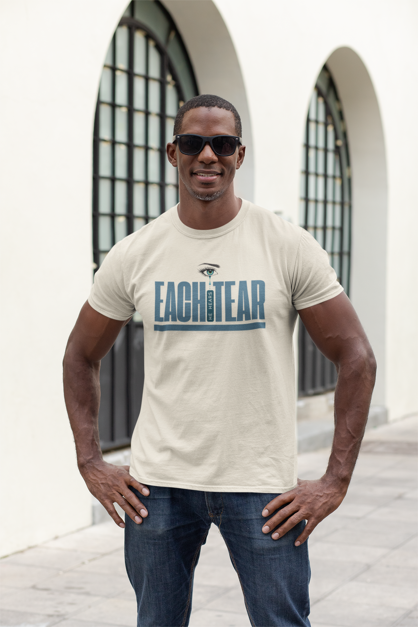 Faith-Inspired “He Hears Each Tear” Tee – Eye with Tear Symbol Design