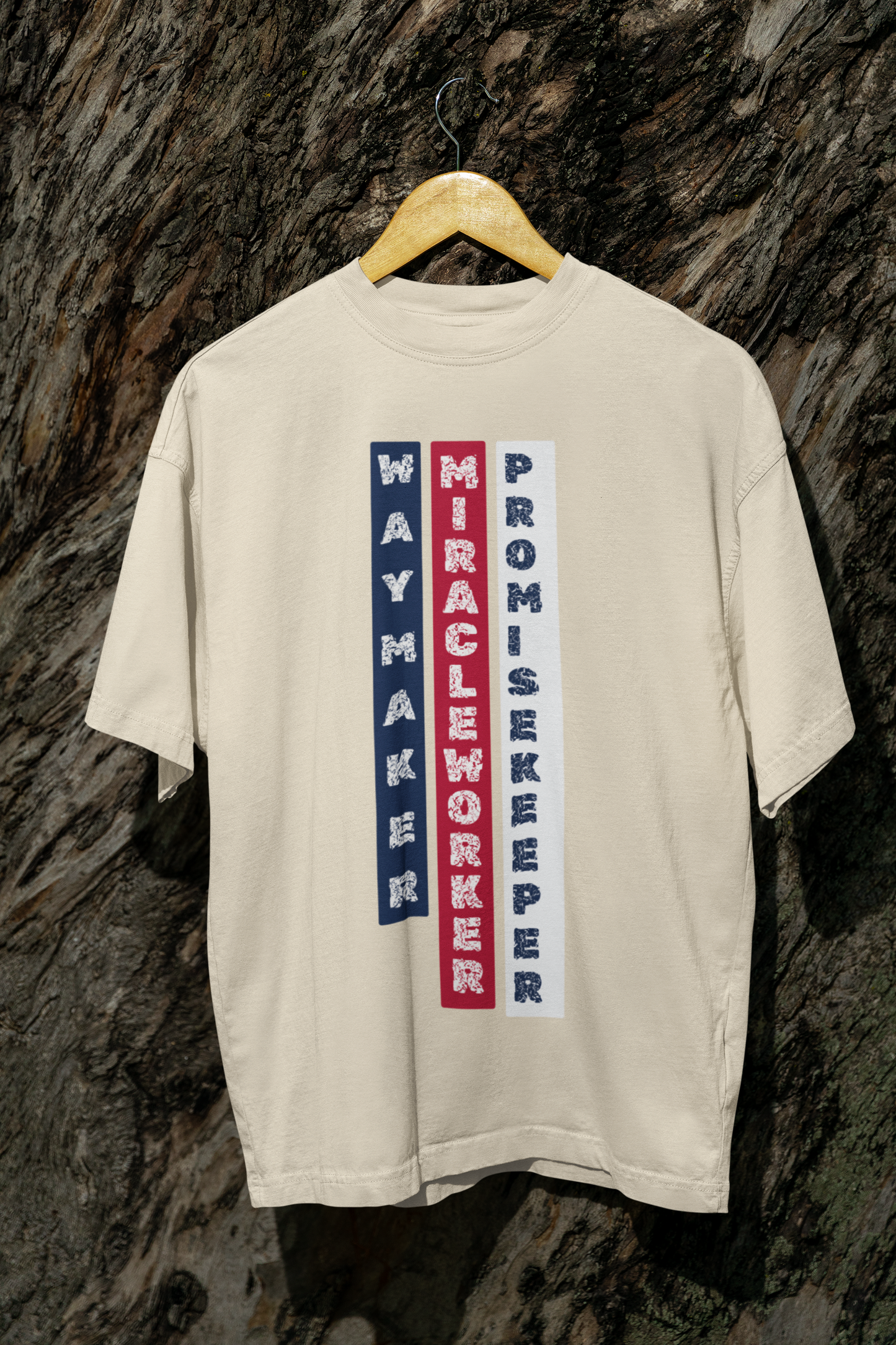 Faith-Inspired “Way Maker, Miracle Worker, Promise Keeper” Flag-Stripes Tee