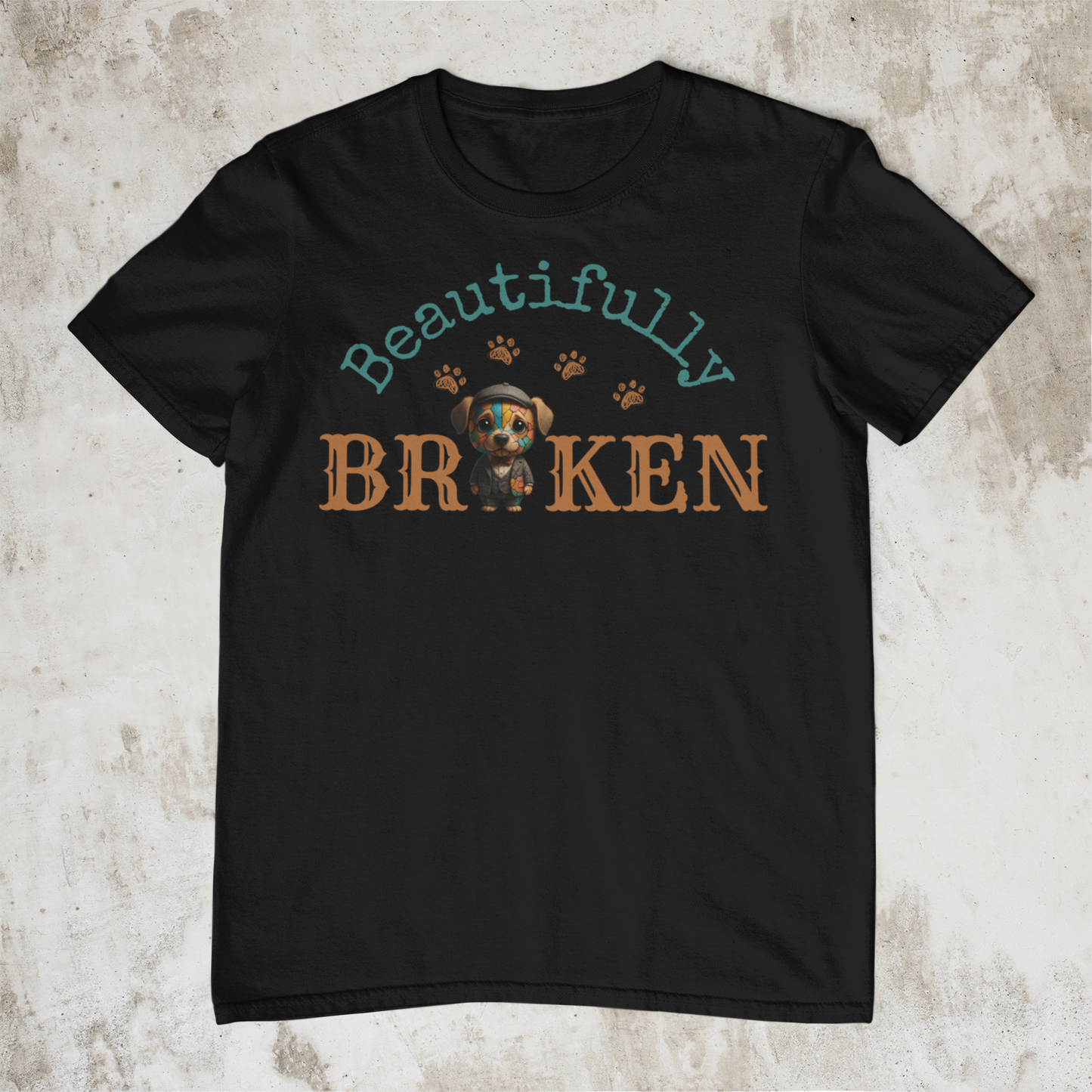 Faith-Inspired “Beautifully Broken” Dog Art Tee – Colorful Suit, Cracked but Whole | Bellynza