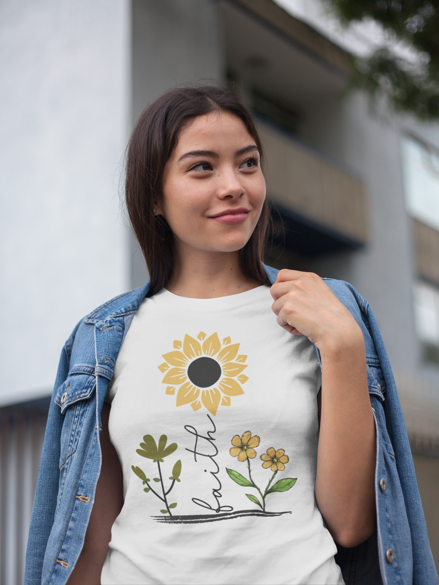 Faith-Inspired Minimalist Sunflower Tee – “Faith” Stem Calligraphy Design with Blooming Flowers