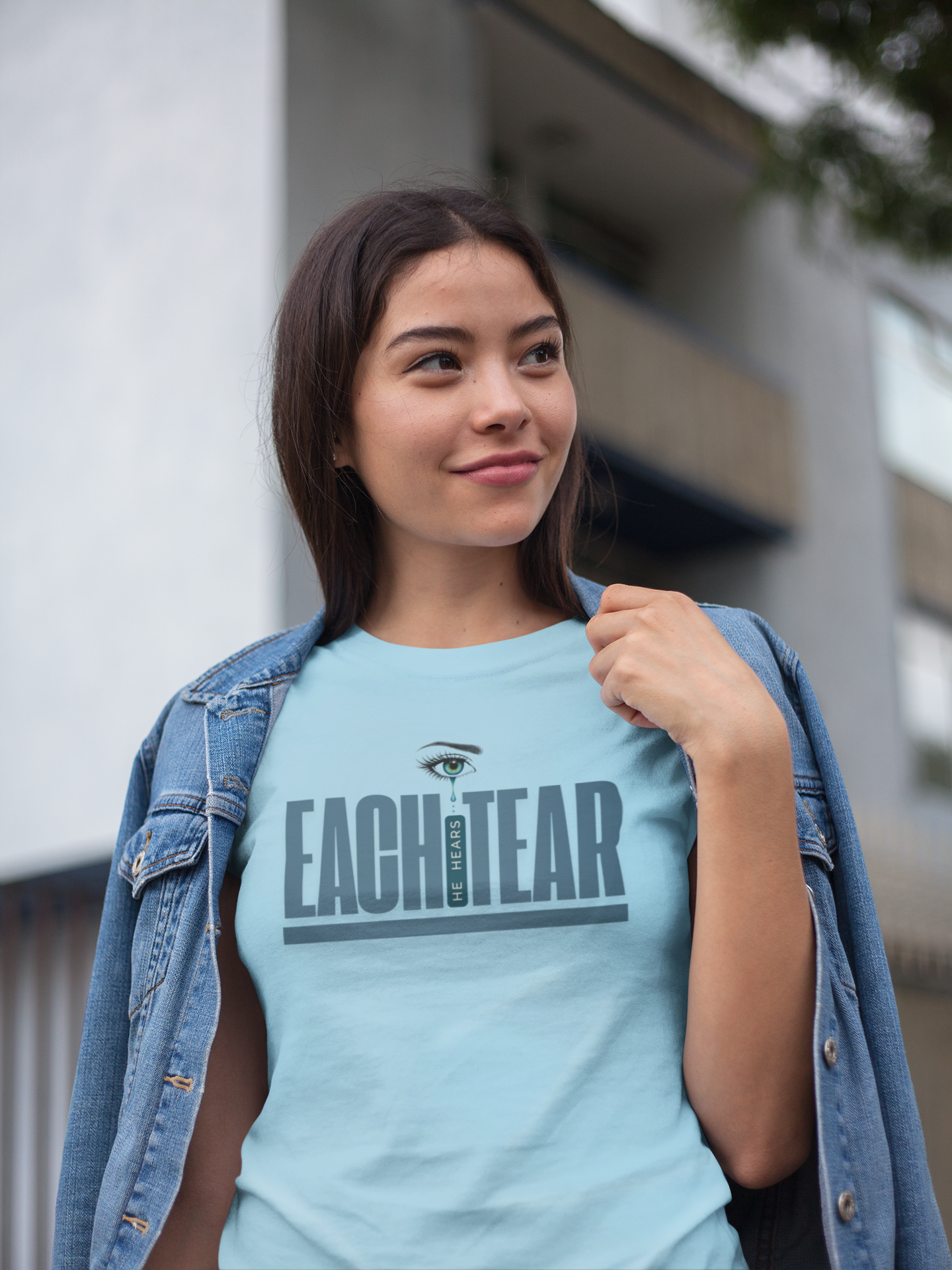 Faith-Inspired “He Hears Each Tear” Tee – Eye with Tear Symbol Design