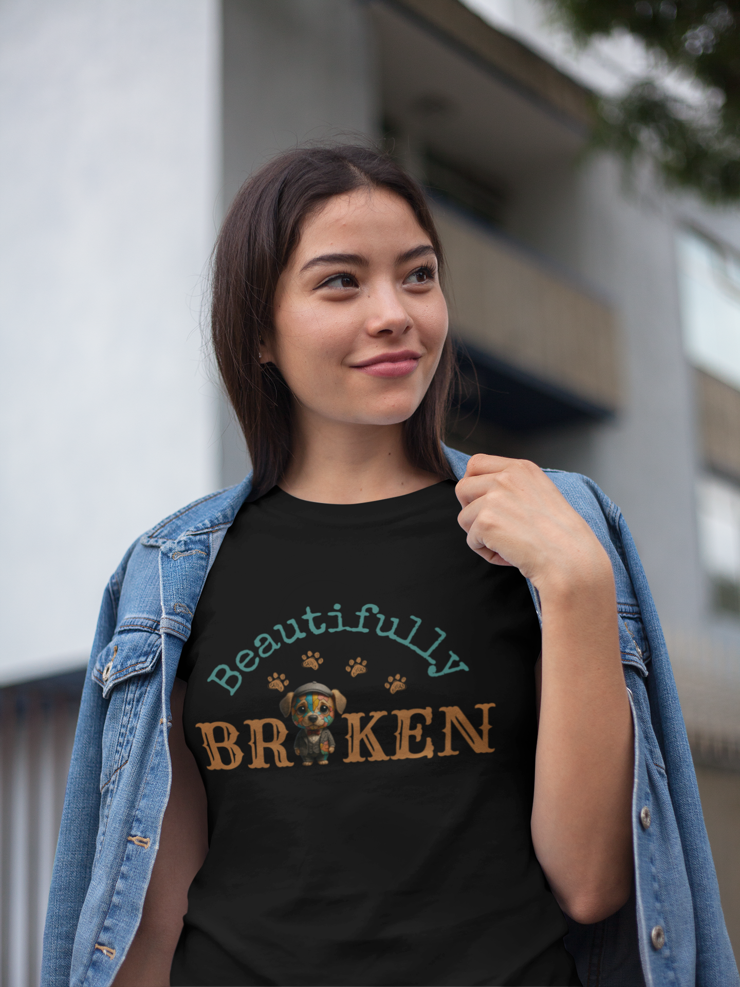 Faith-Inspired “Beautifully Broken” Dog Art Tee – Colorful Suit, Cracked but Whole | Bellynza