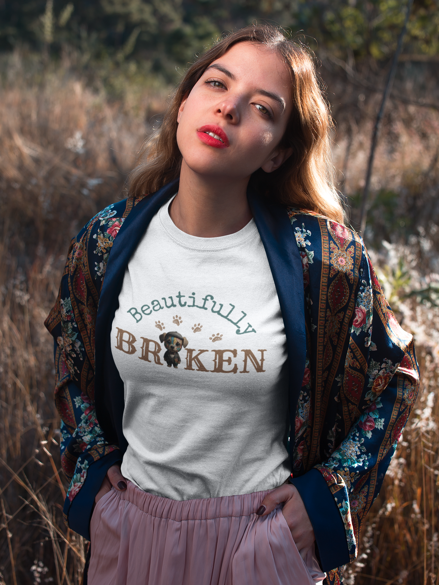 Faith-Inspired “Beautifully Broken” Dog Art Tee – Colorful Suit, Cracked but Whole | Bellynza