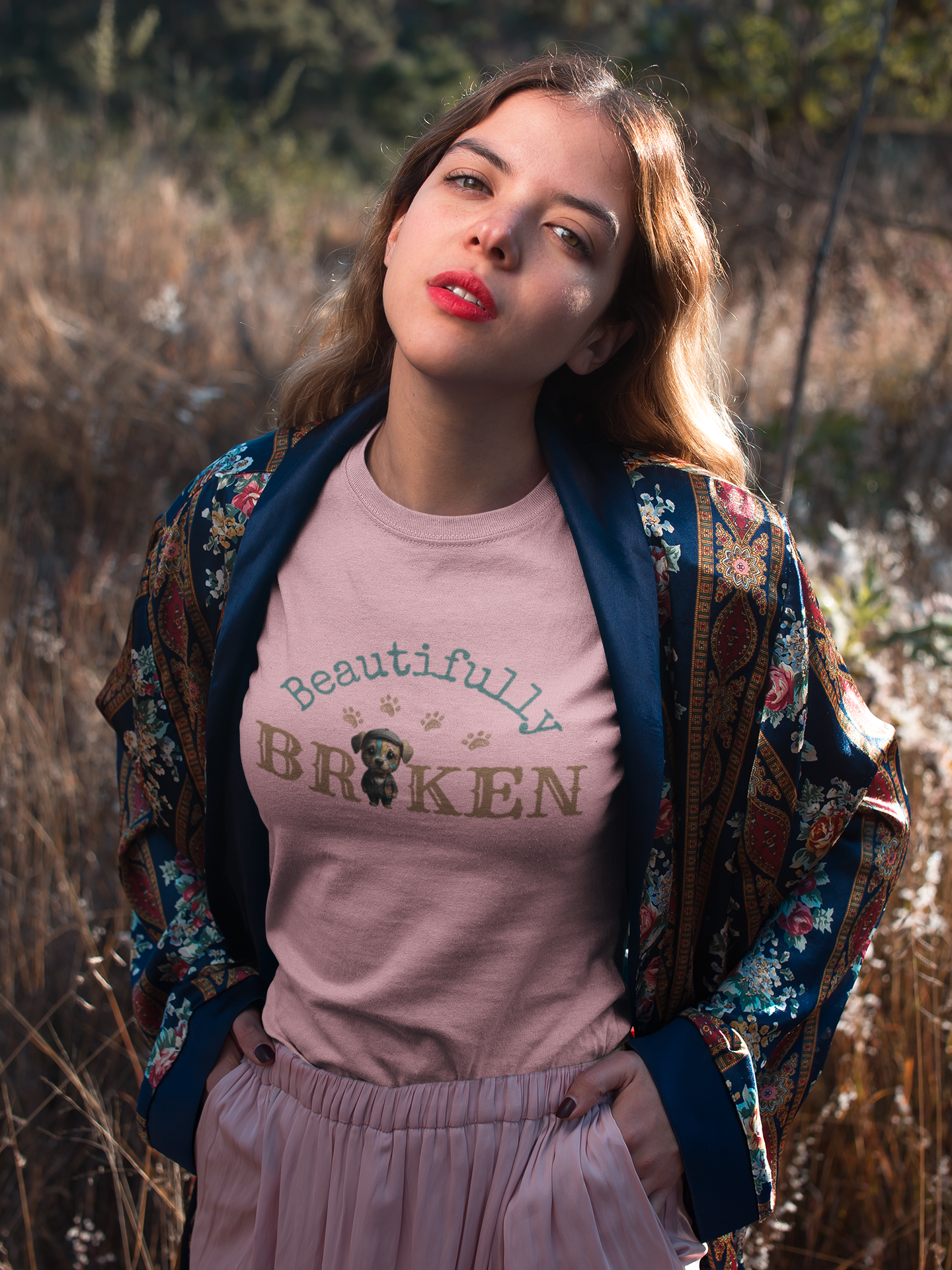 Faith-Inspired “Beautifully Broken” Dog Art Tee – Colorful Suit, Cracked but Whole | Bellynza