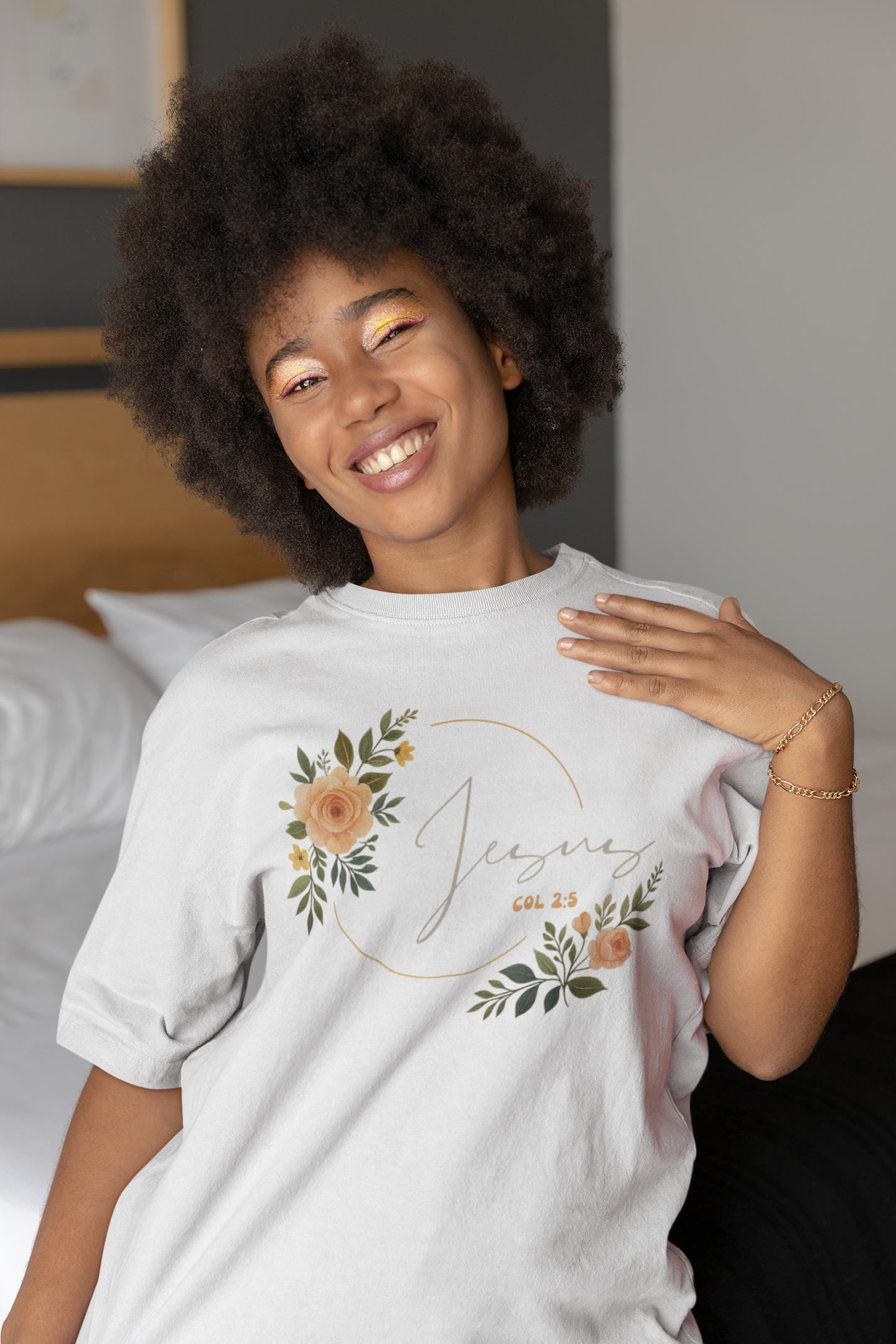 Rooted in Christ T-Shirt – Floral Jesus Design with Colossians 2:5