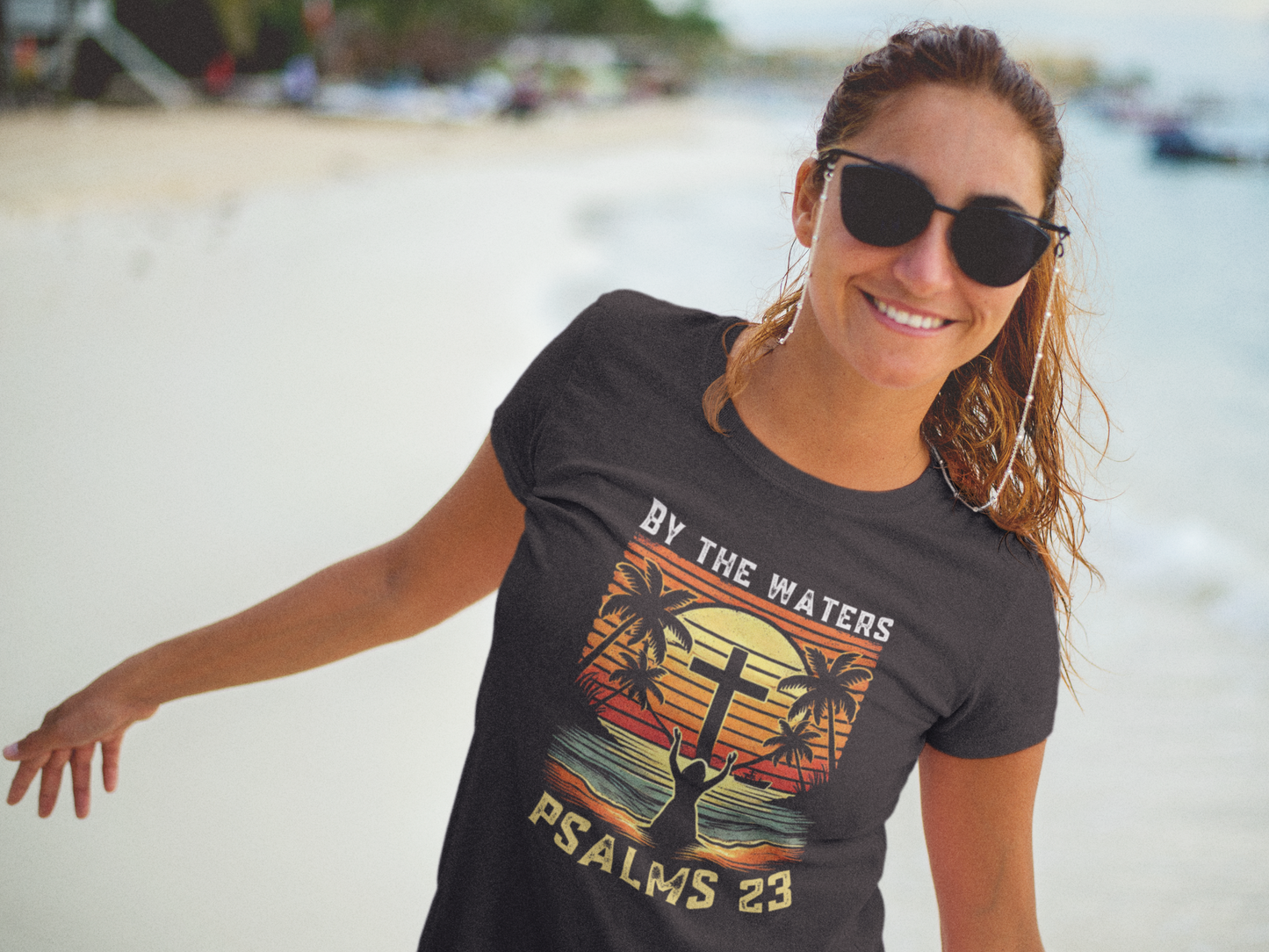 “By the Waters” Retro Sunset Tee – Psalm 23 Scripture Design | Bellynza Christian Rest-Inspired Shirt