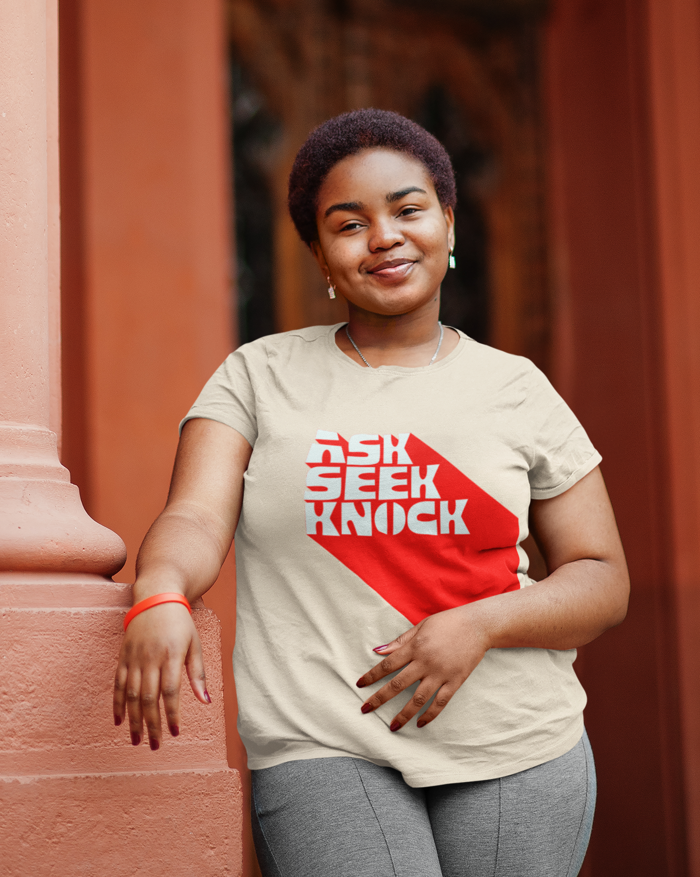 Ask Seek Knock Christian T-Shirt – Matthew 7:7 Bold Red & White