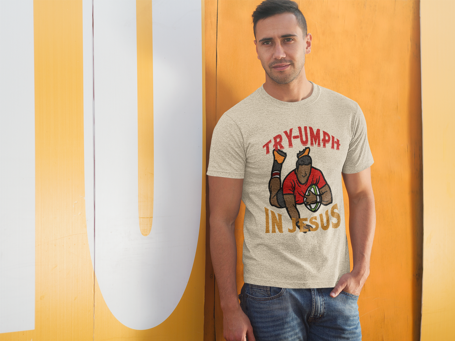 “Try-umph in Jesus” Rugby Faith Tee – Bold Christian Victory Shirt