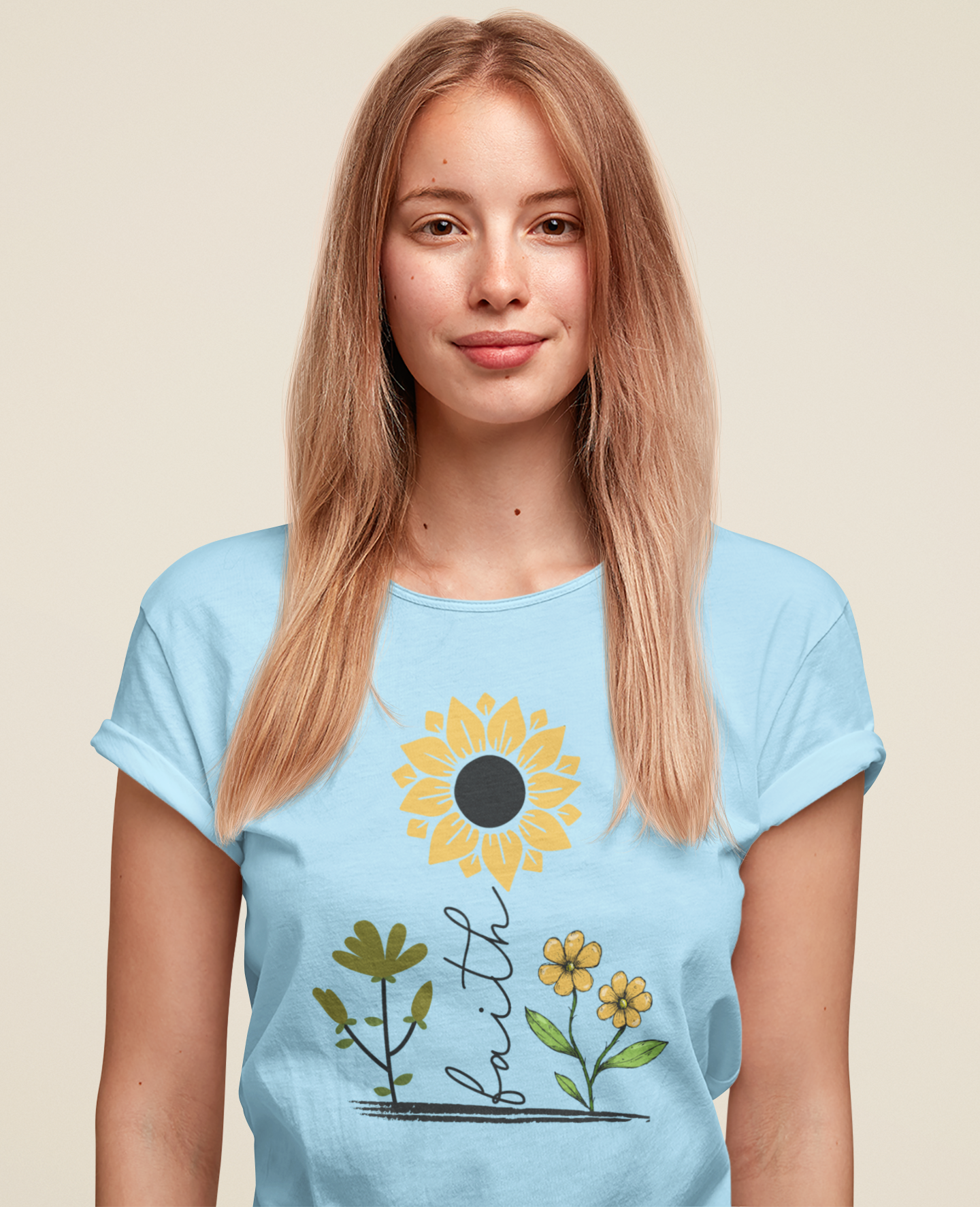 Faith-Inspired Minimalist Sunflower Tee – “Faith” Stem Calligraphy Design with Blooming Flowers