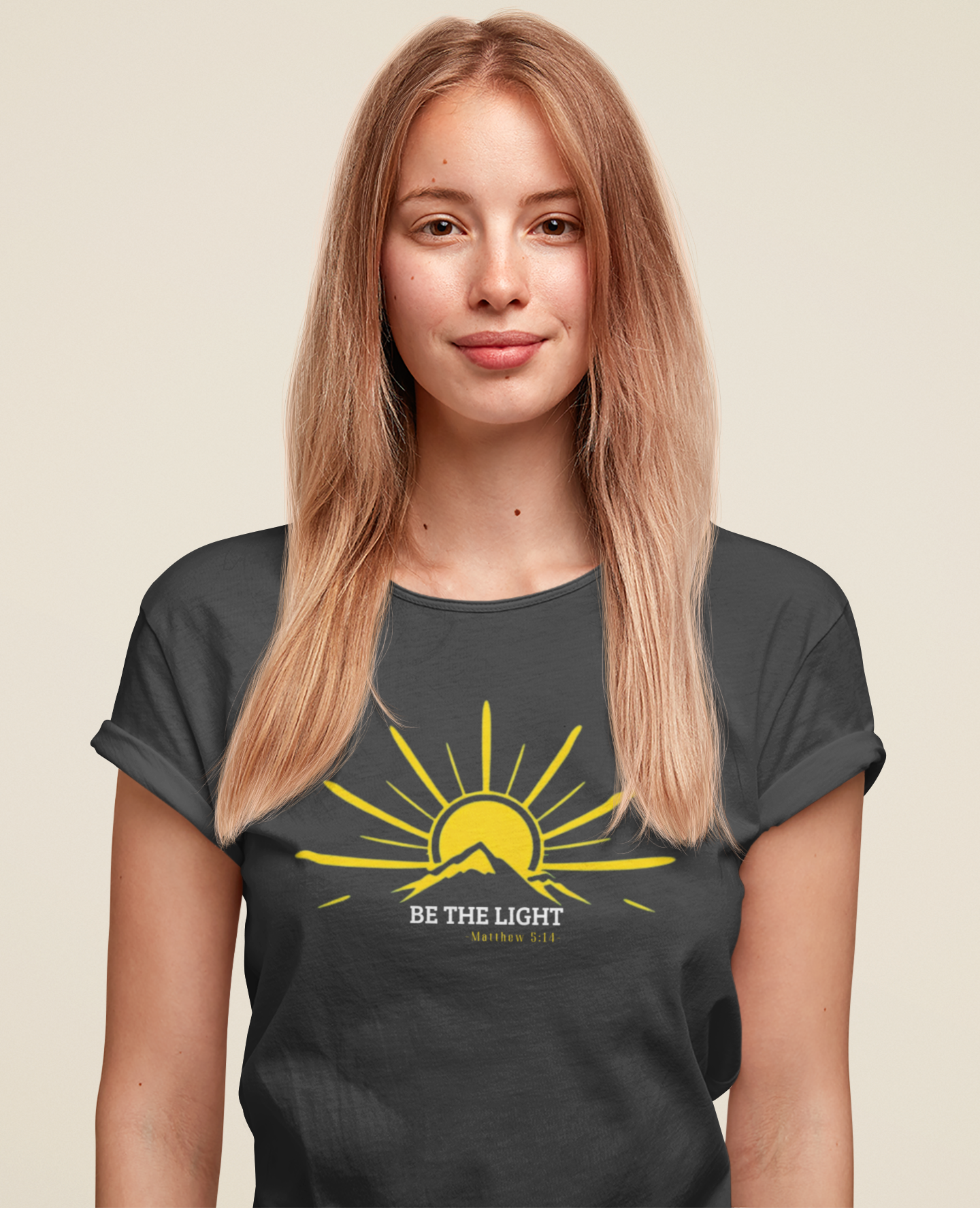 Faith-Inspired “Be the Light” Sunrise Mountain Tee – Matthew 5:14 Overlay