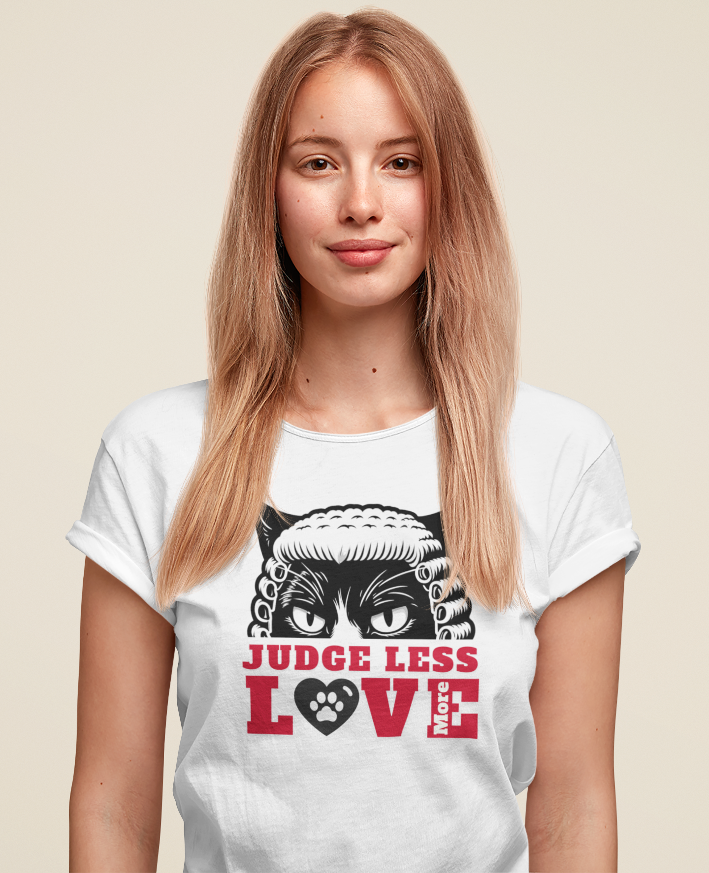 “Judge Less, Love More” Cat Judge Tee – Thoughtful Christian Message Shirt  Streetwise Faith Apparel