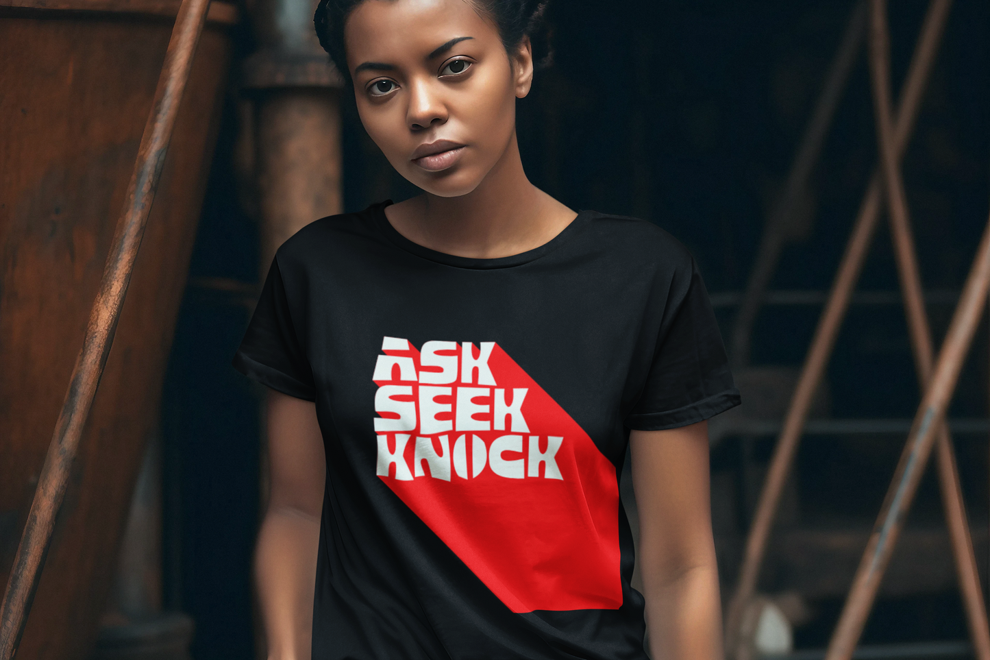 Ask Seek Knock Christian T-Shirt – Matthew 7:7 Bold Red & White