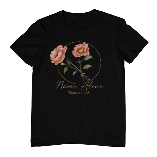 Never Alone T-Shirt – Royal Roses Hebrews 13:5 Christian Tee