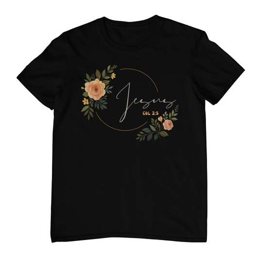 Rooted in Christ T-Shirt – Floral Jesus Design with Colossians 2:5