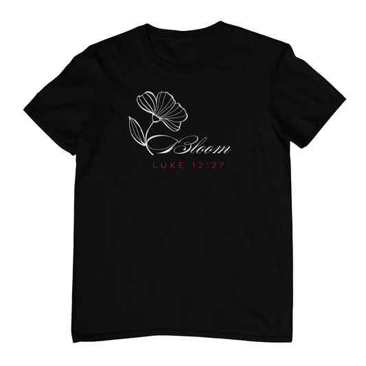 Bloom Minimalist Christian T-Shirt – Luke 12:27 Scripture Tee