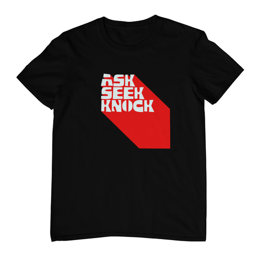 Ask Seek Knock Christian T-Shirt – Matthew 7:7 Bold Red & White