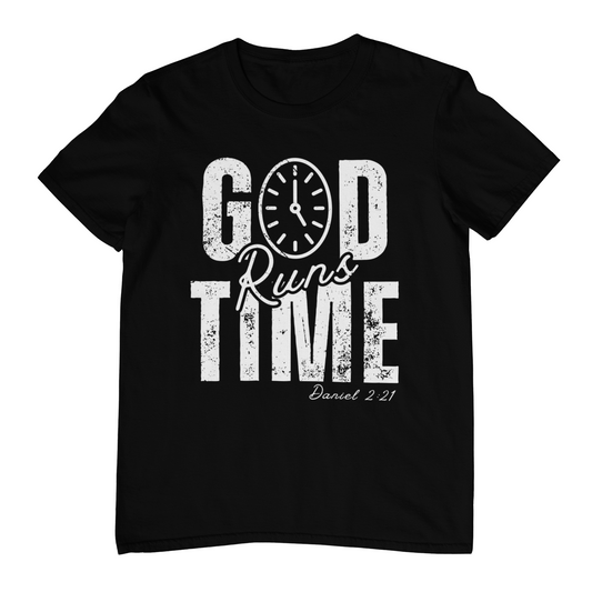 God Runs Time Clock Tee – Faith-Inspired Christian Apparel Kenya