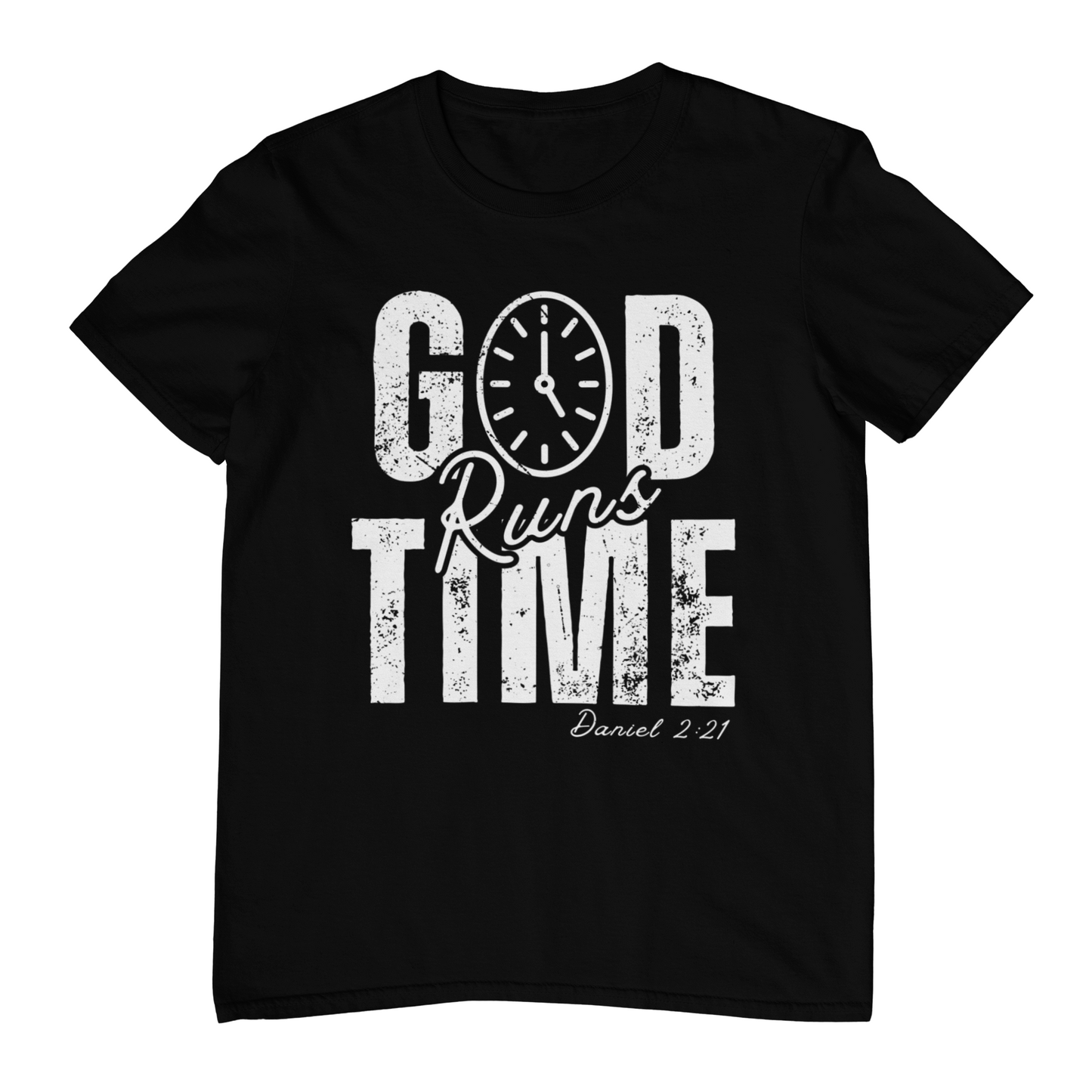 God Runs Time Clock Tee – Faith-Inspired Christian Apparel Kenya