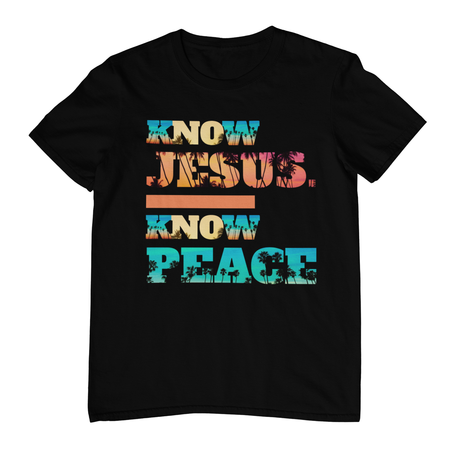 Know Jesus Know Peace T-Shirt – Bold Yellow No + Retro Sunset Design
