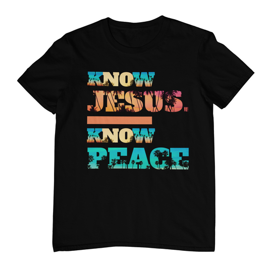 Know Jesus Know Peace T-Shirt – Bold Yellow No + Retro Sunset Design