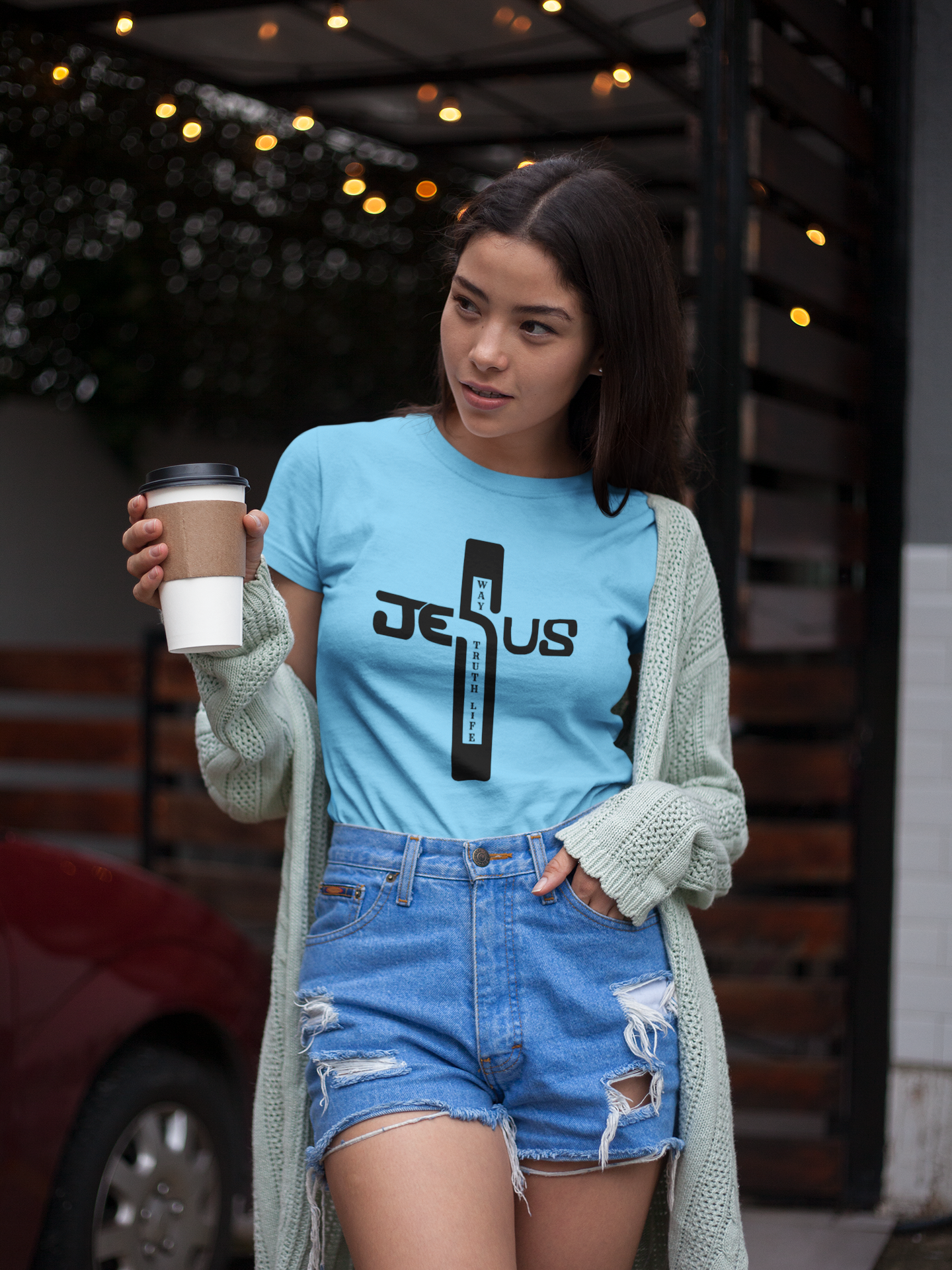 Faith-Inspired Calligraphy Cross Tee – Jesus Name + “The Way, The Truth, The Life” Design